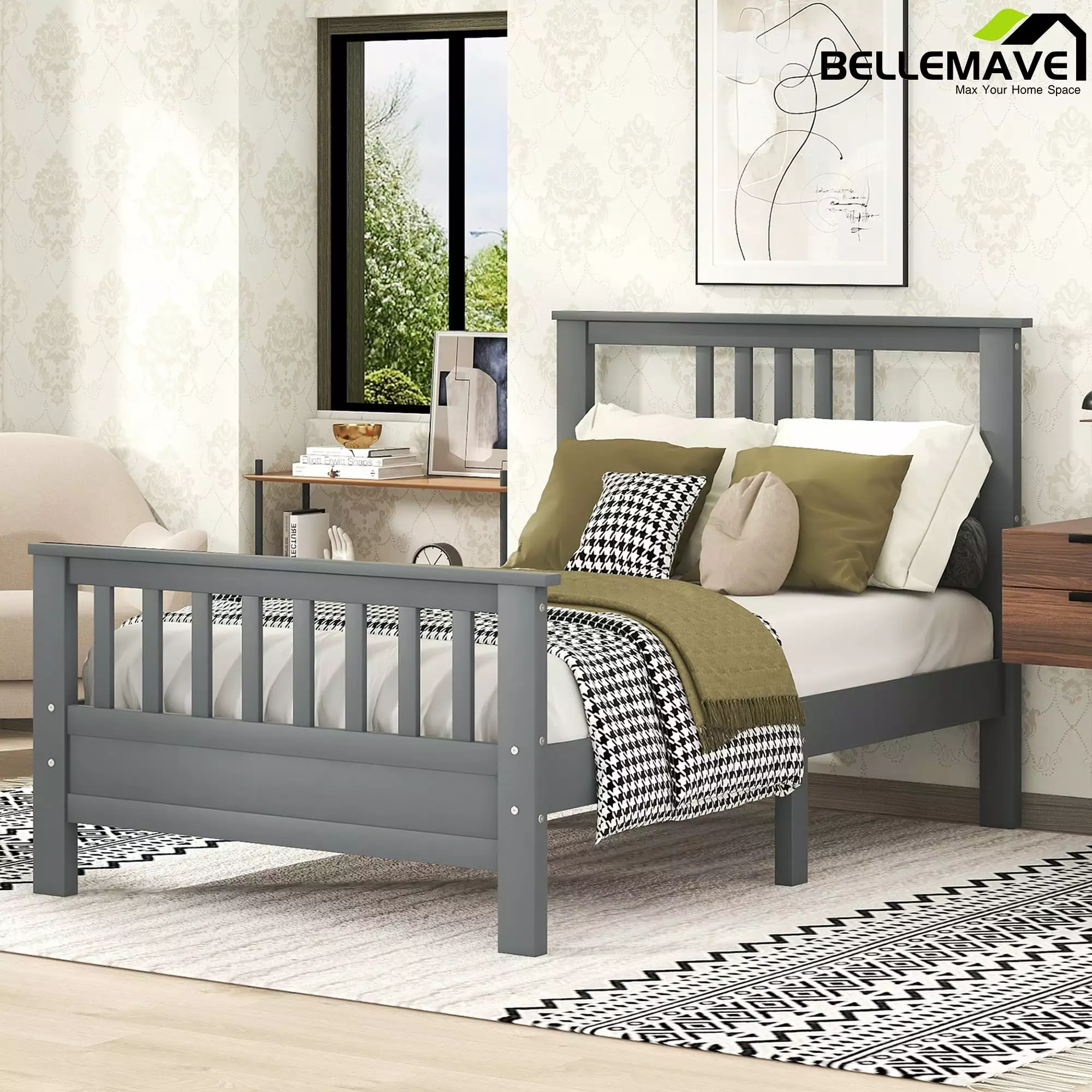 Bellemave Twin Size Bed Frame Headboard and Footboard Gray Wood Platform Bed