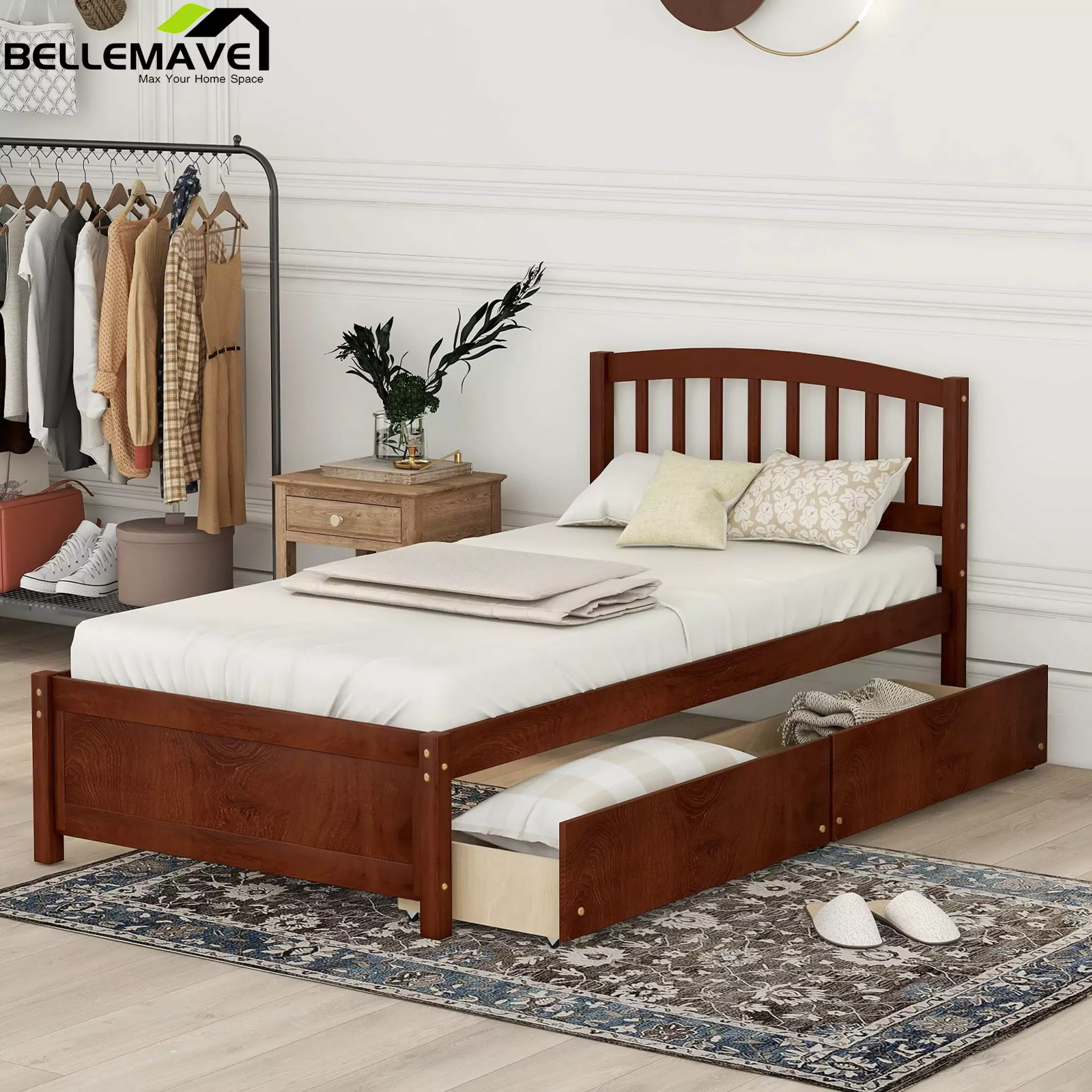 Bellemave Twin Size Platform Bed 2 Storage Drawers Walnut