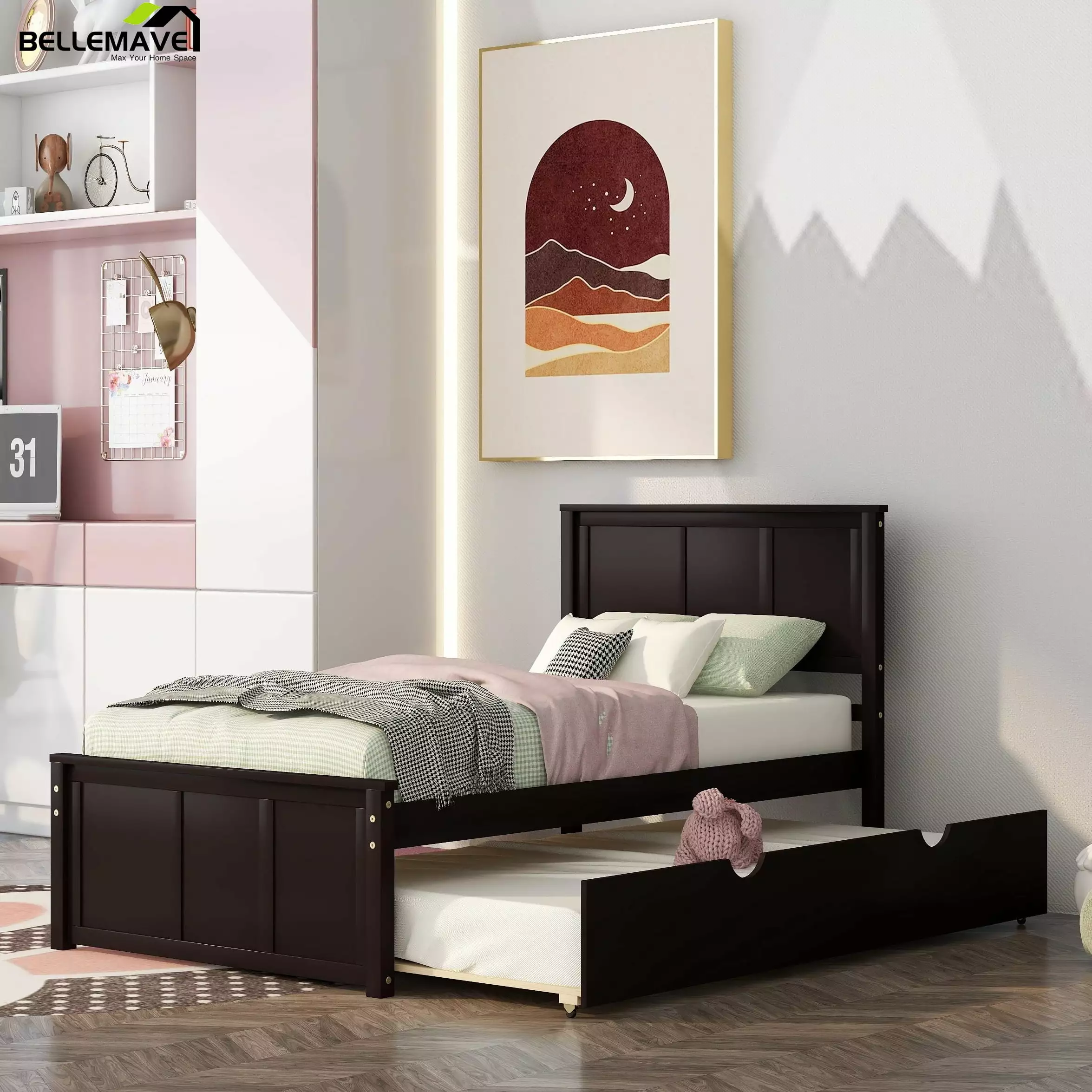 Bellemave Twin Size Platform Bed Trundle and Headboard Wood Frame Espresso