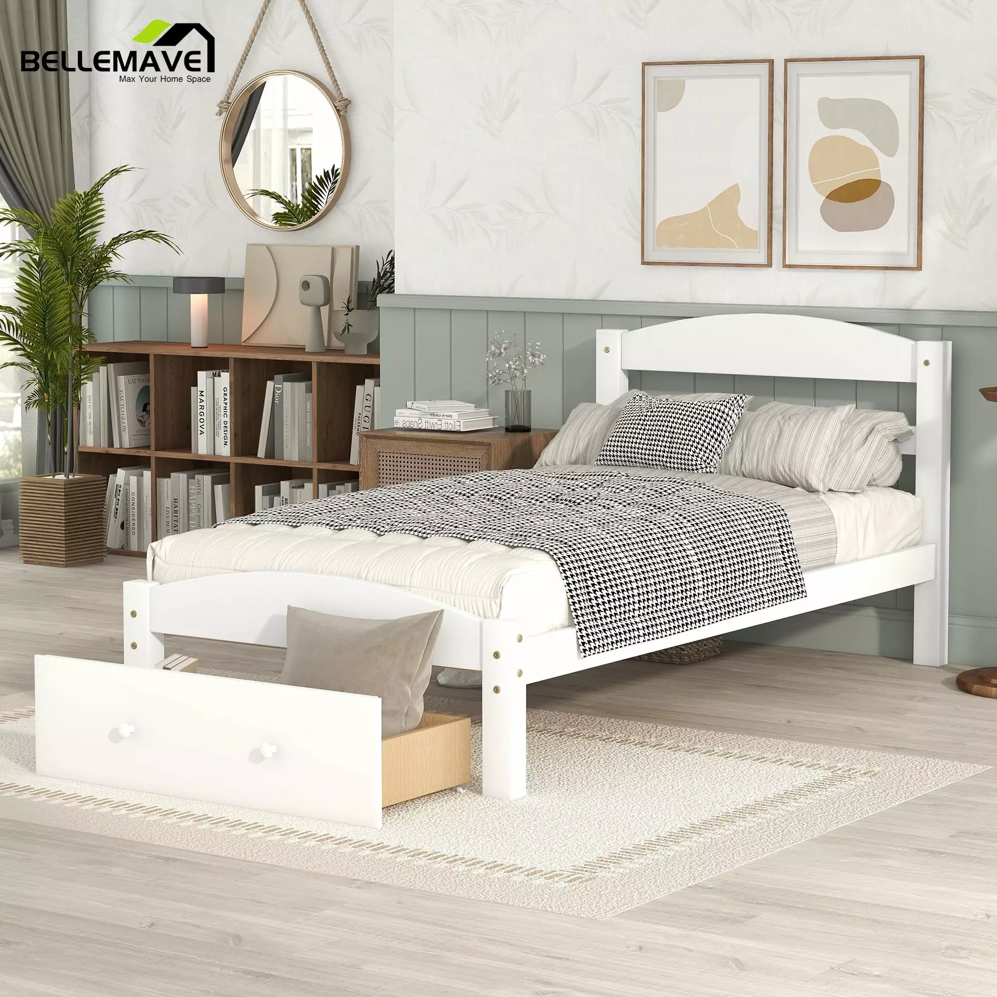 Bellemave Twin Solid Wood Bed Frame Storage Drawer, Kids Platform Bed Frame Girls and Boys - White