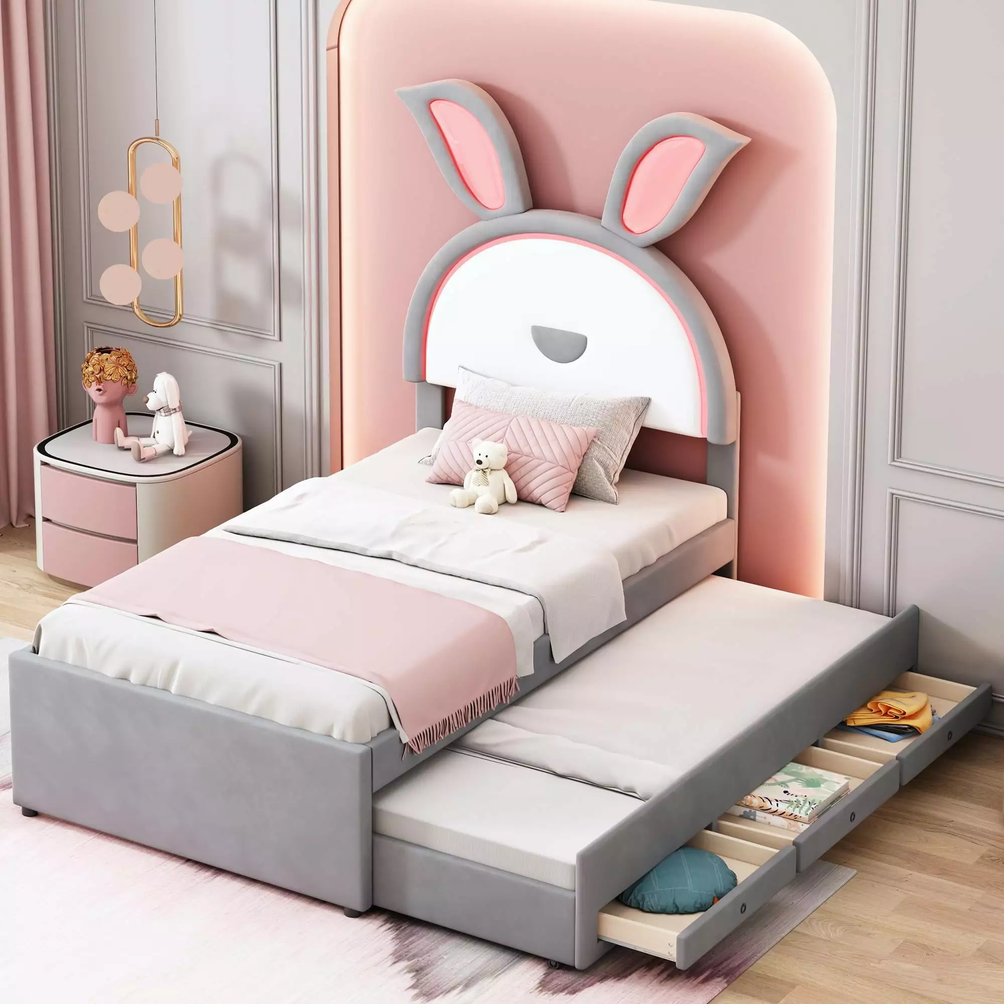 Bellemave Twin Storage Bed Frame Trundle Upholstered Rabbit Shape Platform Bed LED Lights Kids Teens Adults Gray