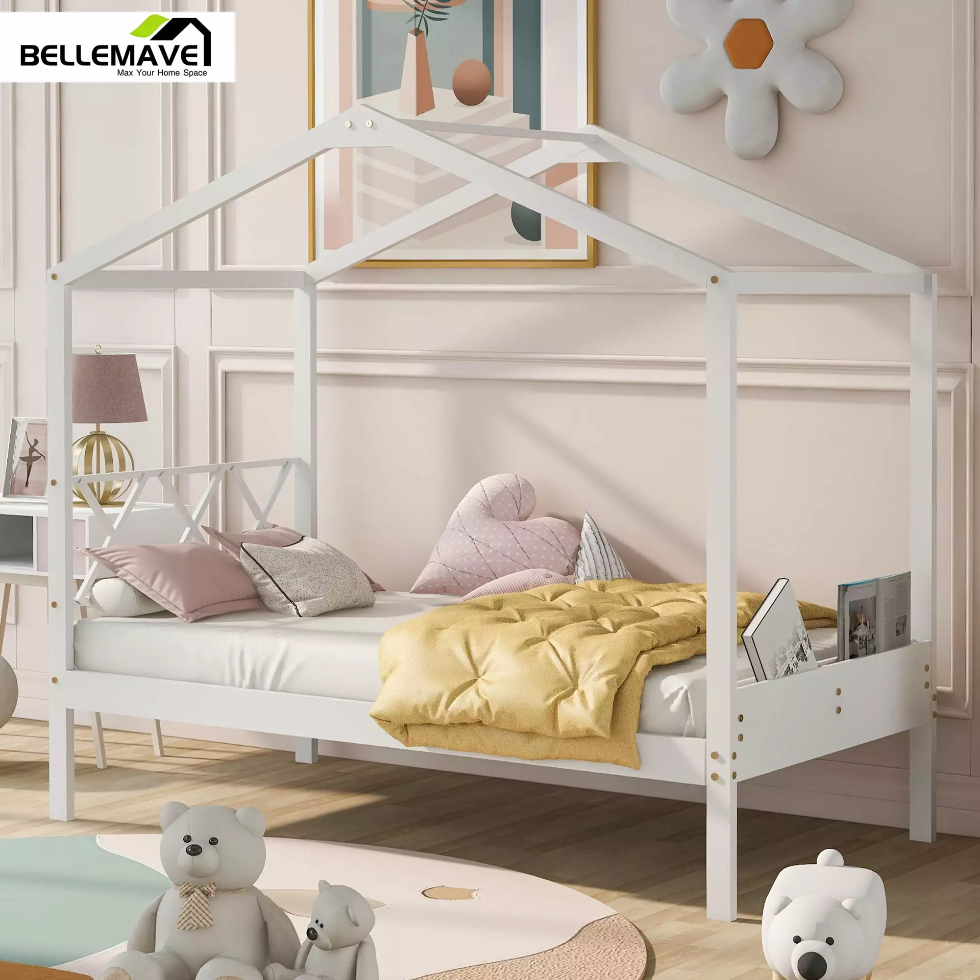 Bellemave Twin Wood Houtilize Bed Frame Headboard Footboard and Storage Space Houtilize-Shaped Platform Kids Bed Frame Boy...