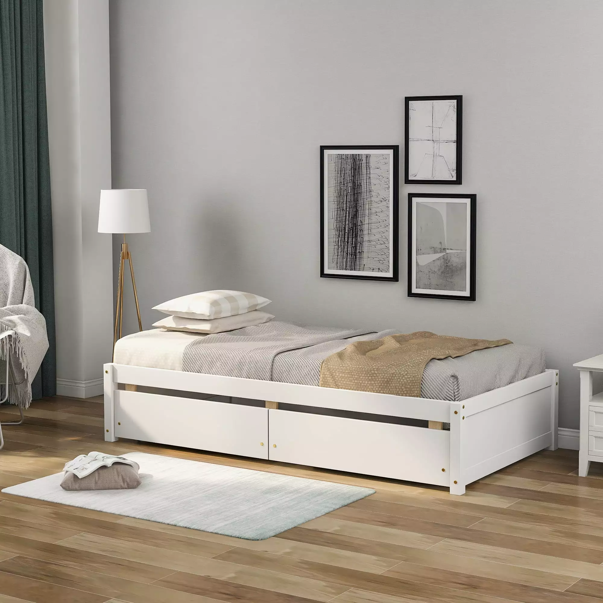 Bellemave Wooden Twin Size Bed Frame Storage Drawers Kids Single Bed White