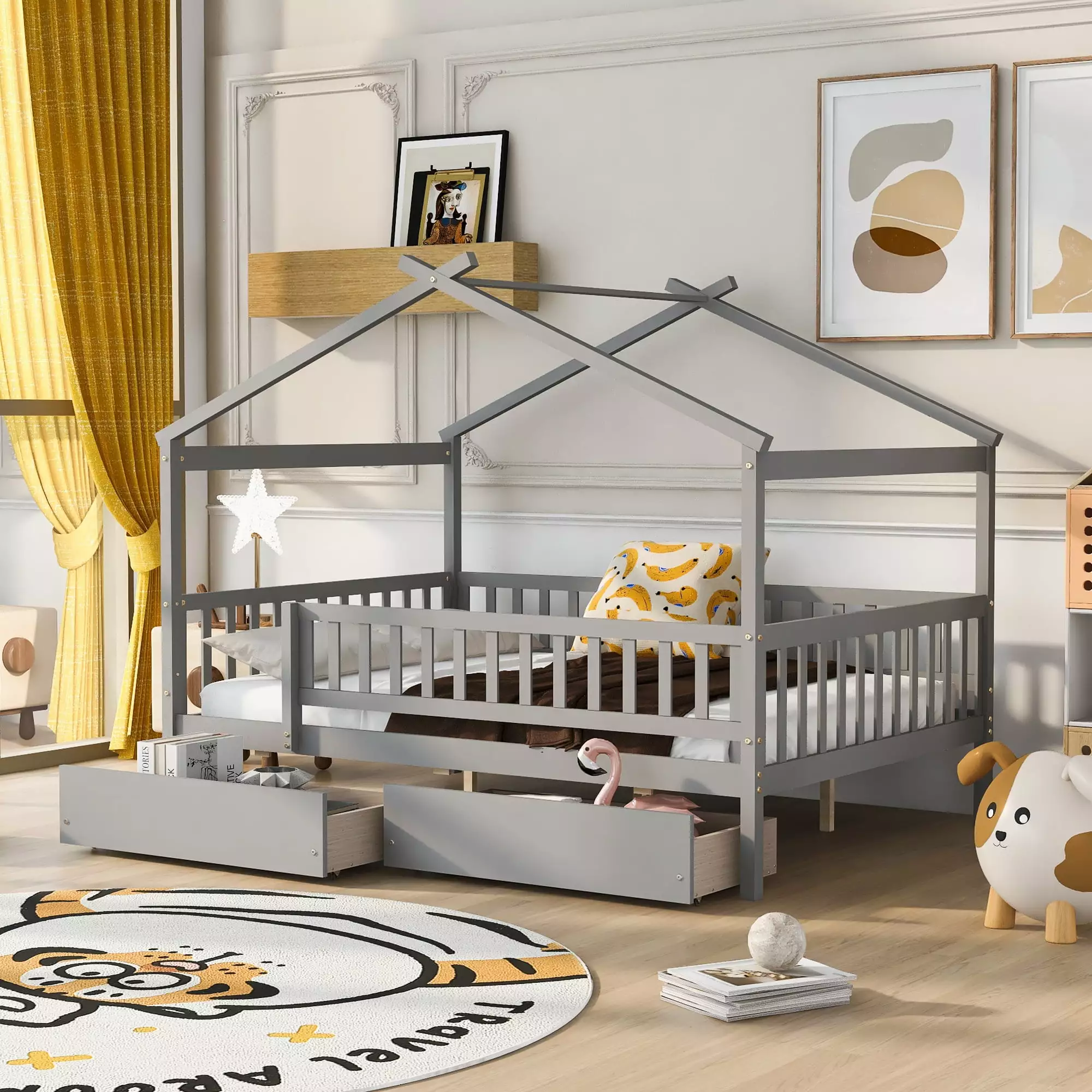 Full Size Houtilize Bed Storage Drawers and Playhoutilize - Wooden Platform Bed Fence Guardrail and Roof Kids - Gray Belle...