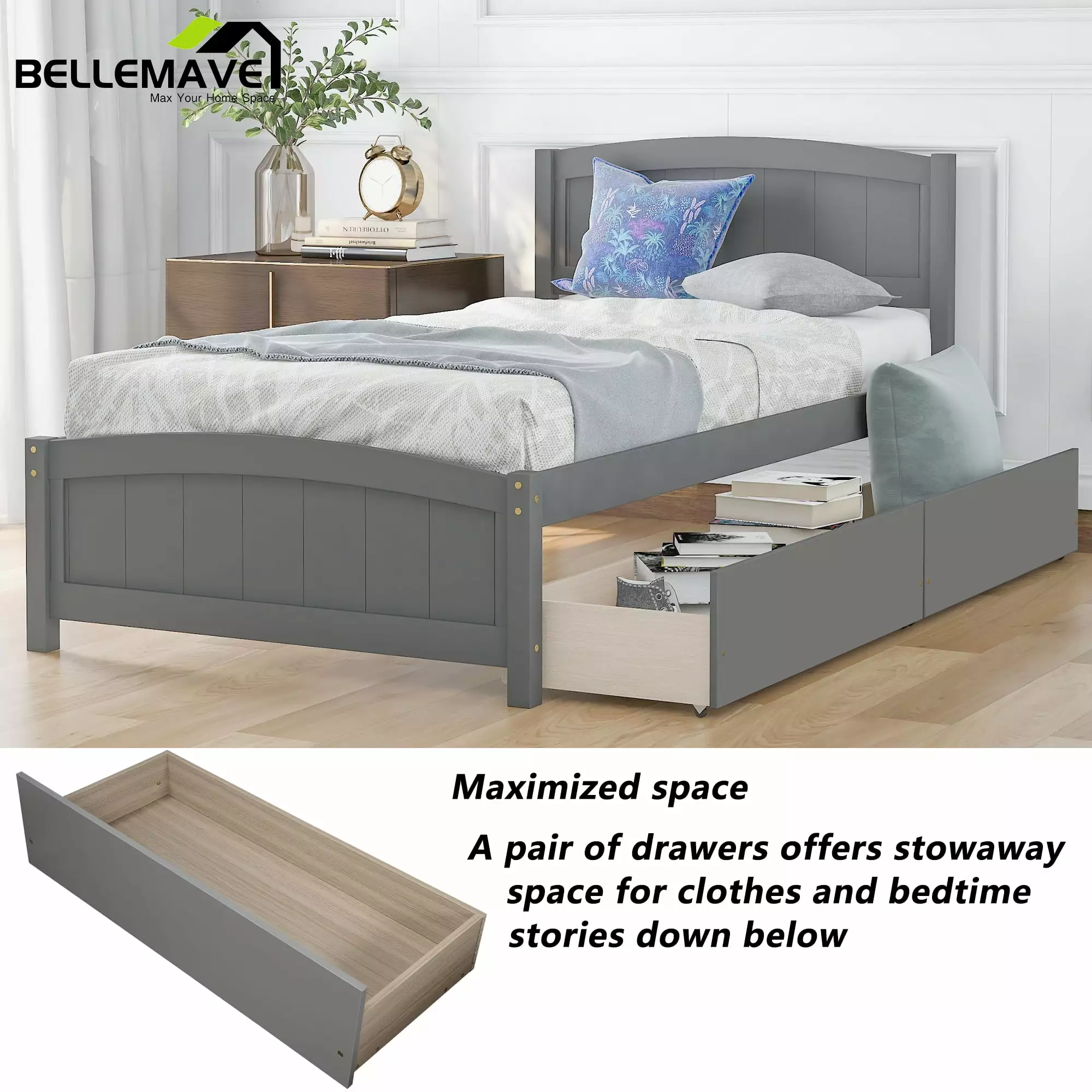 Twin Platform Bed Frame Storage Drawer Headboard and Slats Twin Size Platform Bed Kids Girls Boys Gray Bellemave