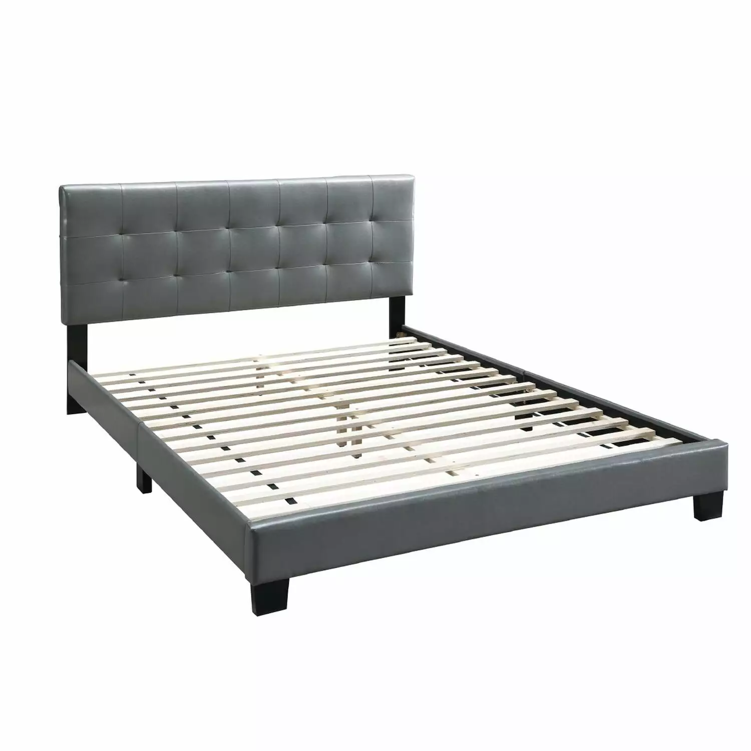 Benjara Full Leatherette Bed Checkered Tufted Headboard Gray
