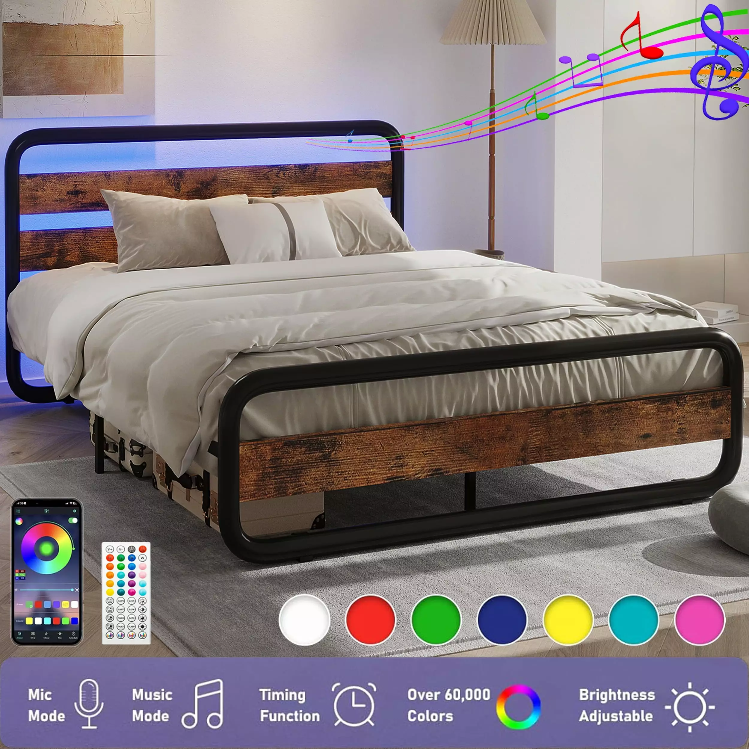 Queen Size Platform Bed Frame LED Headboard and Under-Bed Storage - Round Corner Metal Frame Blotout