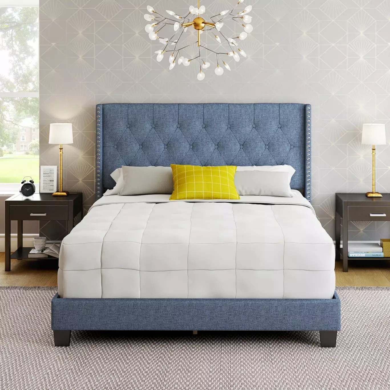 Boyd Sleep Mia Linen Panel Upholstered Platform Bed Frame Blue Queen