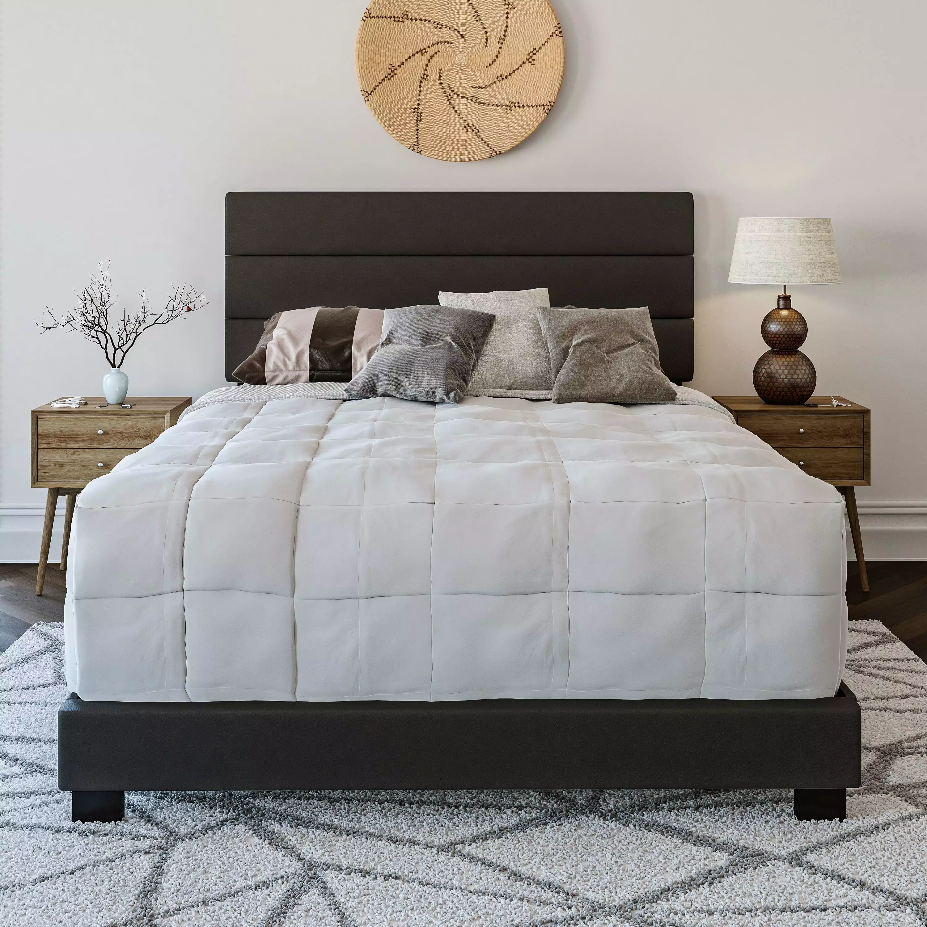 Boyd Sleep Napoli Upholstered Faux Leather Tri Panel Channel Headboard Platform Bed Frame Twin Black