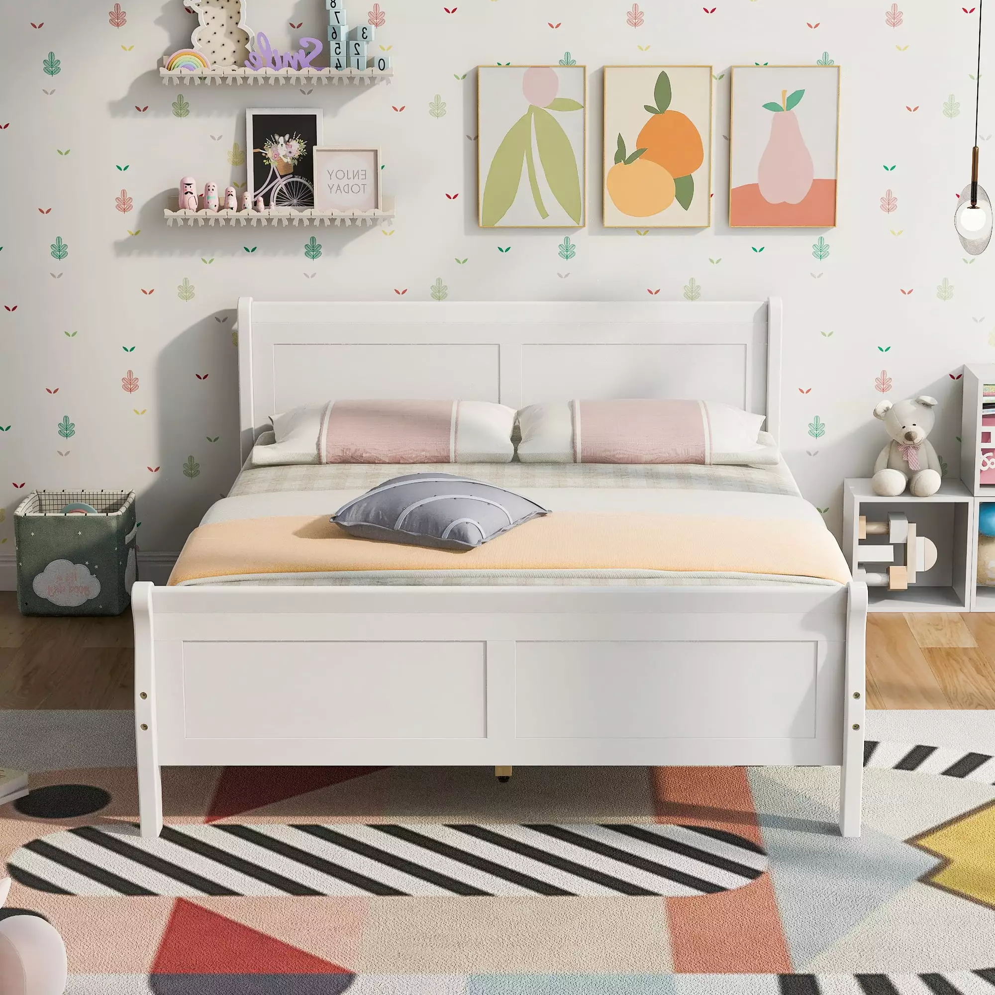 BTMWAY Full Bed Frame Headboard Solid Wood Platform Bed Footboard and Wooden Slat Support Kids Teens Adults White