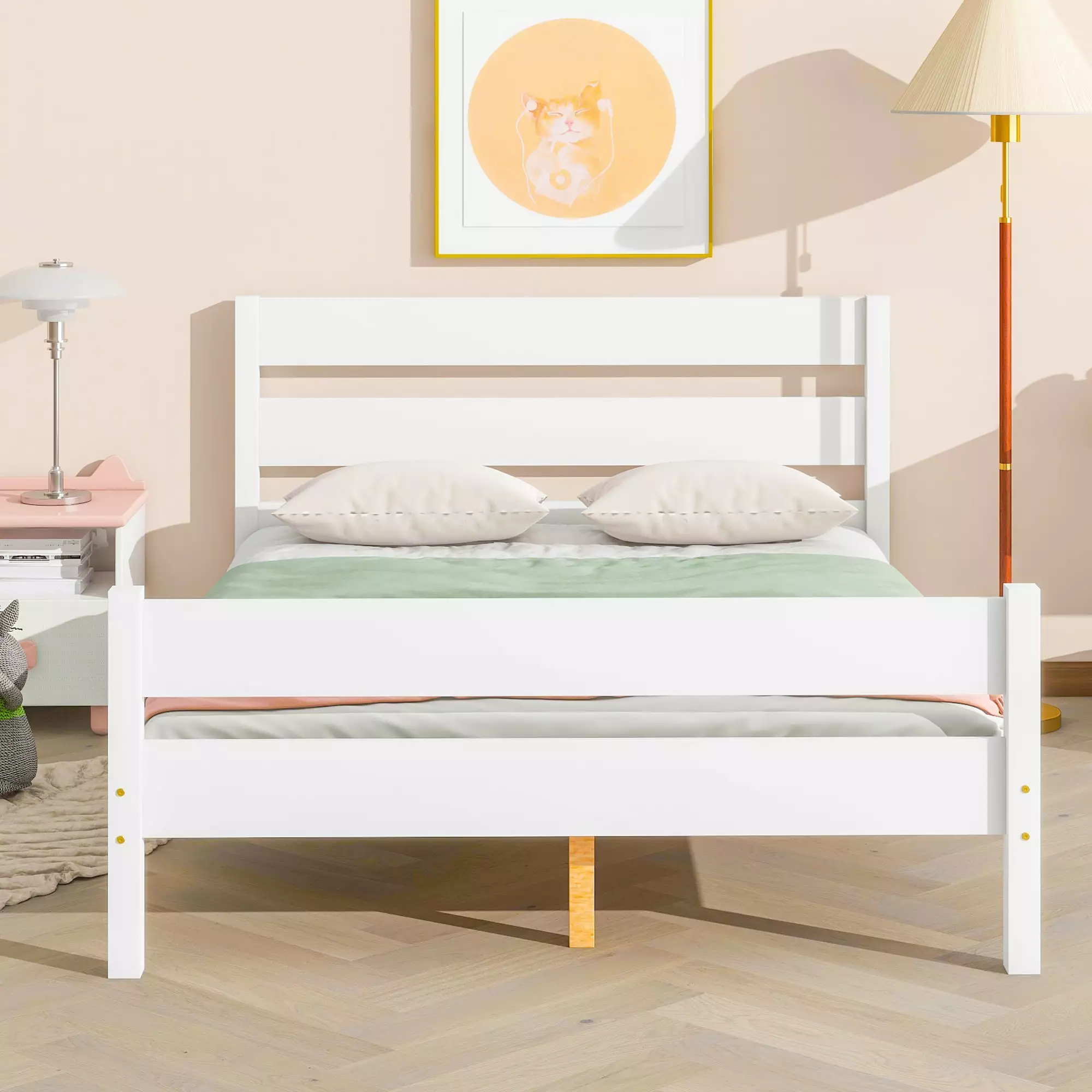 BTMWAY Full Platform Bed Frame, Heavy Duty Wood Bed Headboard and Footboard - White