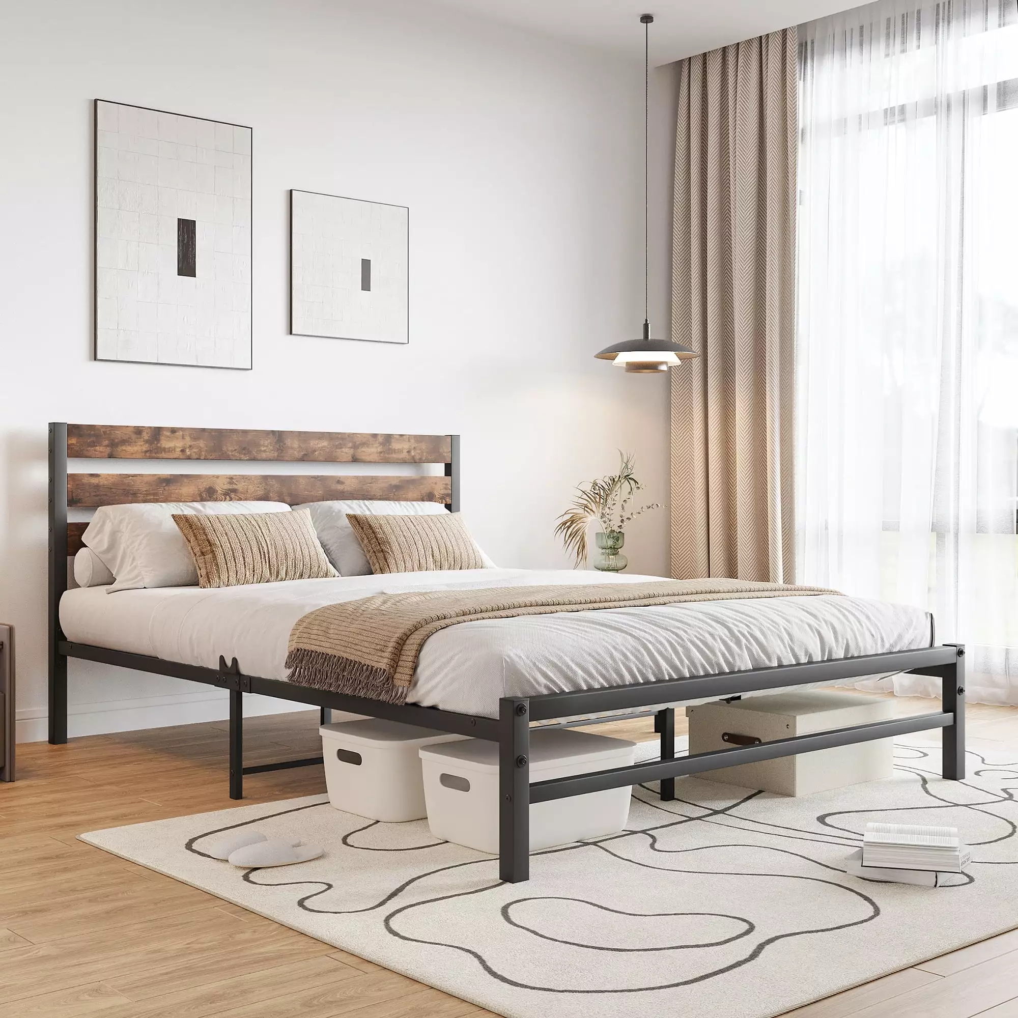 BTMWAY Queen Metal Platform Bed Vintage Wood Headboard Black