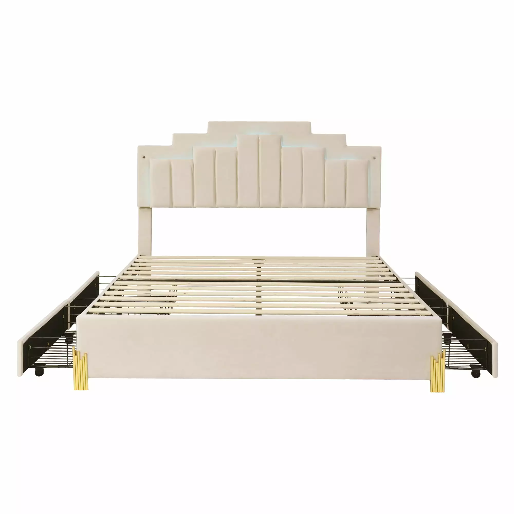 BTMWAY Queen Size Upholstered Platform Bed LED Lights and 4 Storage Drawers Beige
