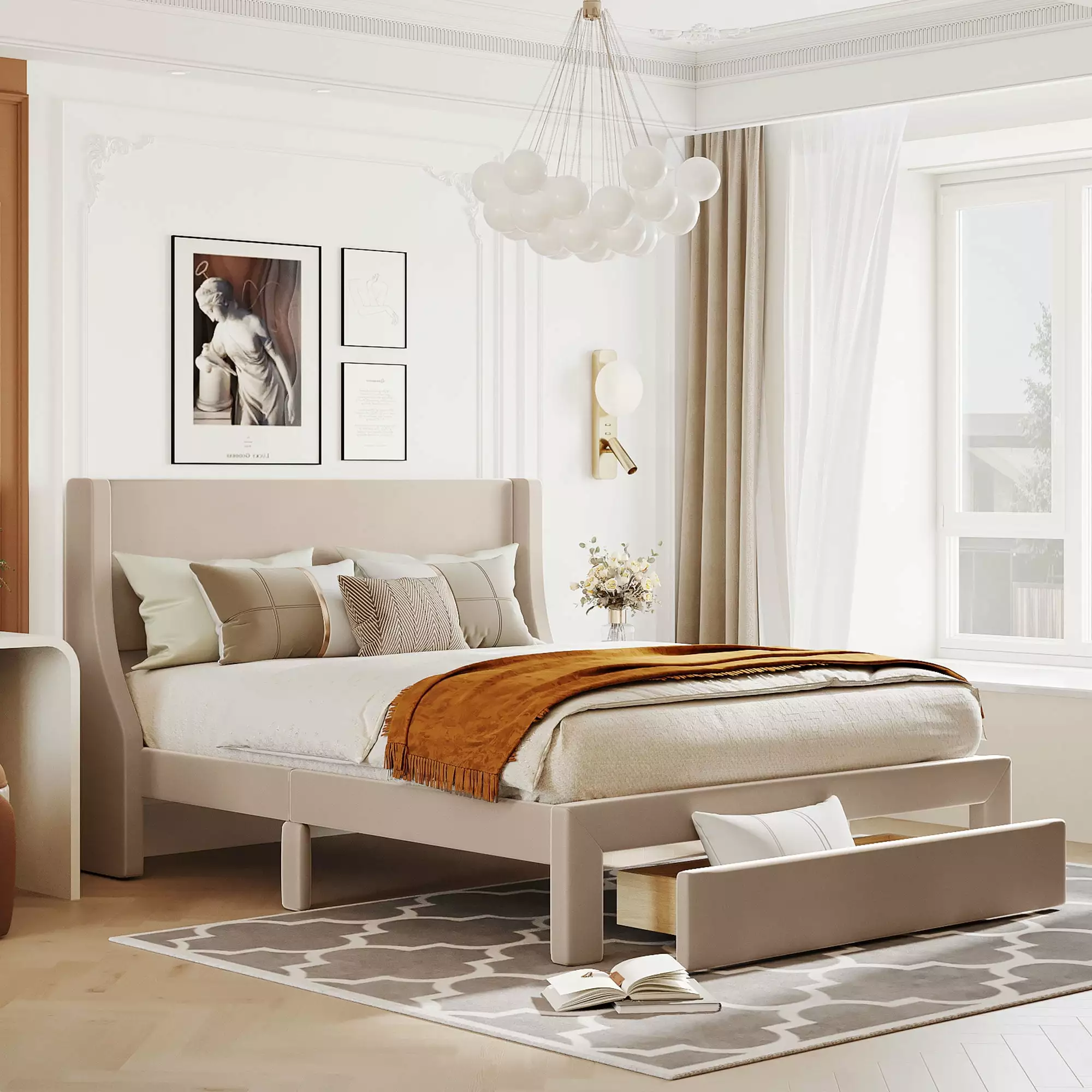 BTMWAY Queen Velvet Platform Bed Storage - Upholstered Bed Frame Headboard 600lbs Capacity