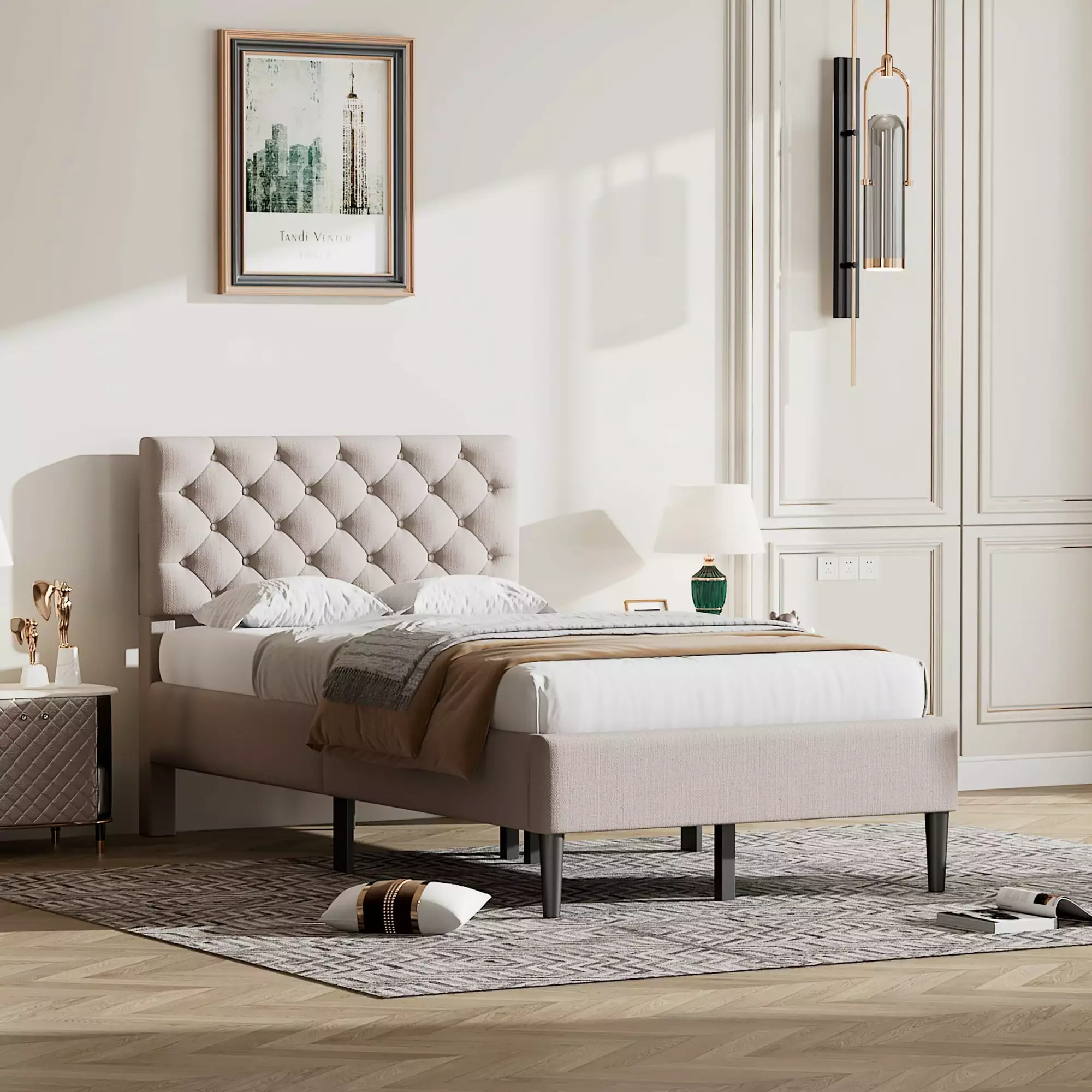 BTMWAY Twin Bed Frame Upholstered Linen Platform Bed Button Tufted Headboard and Wooden Slats No Box Spring Needed Beige