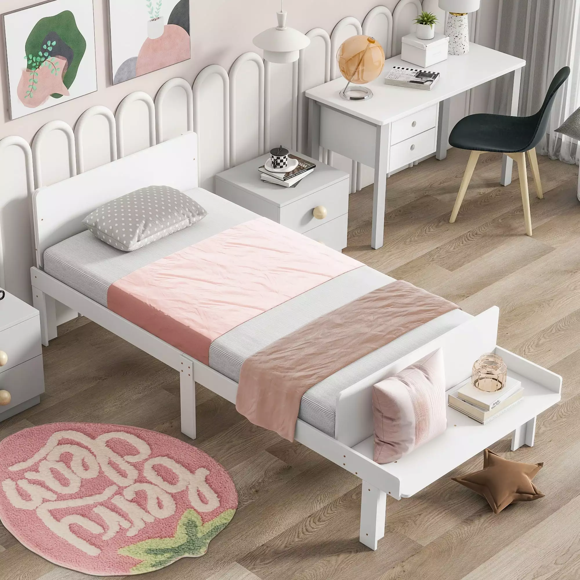 BTMWAY Twin Size Wood Platform Bed Frame Footboard Bench Kids Modern White