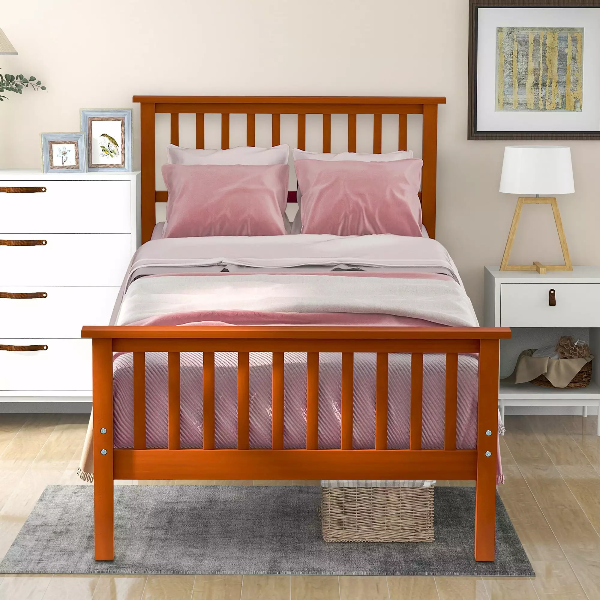 BTMWAY Twin Wood Platform Bed Frame Headboard and Footboard Oak