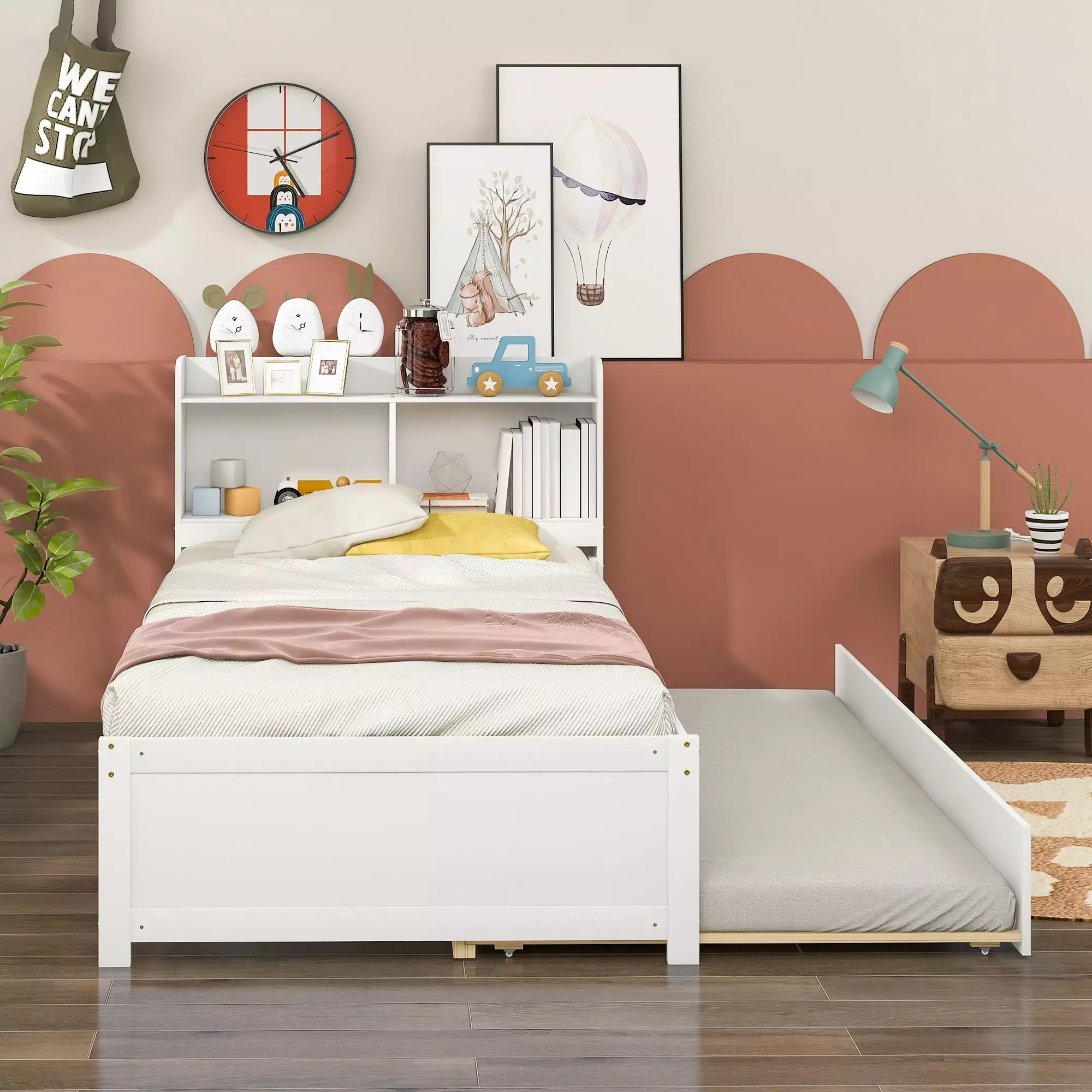 BTMWAY Wood Twin Platform Bed White Twin Bed Frame Trundle and Bookcase Headboard