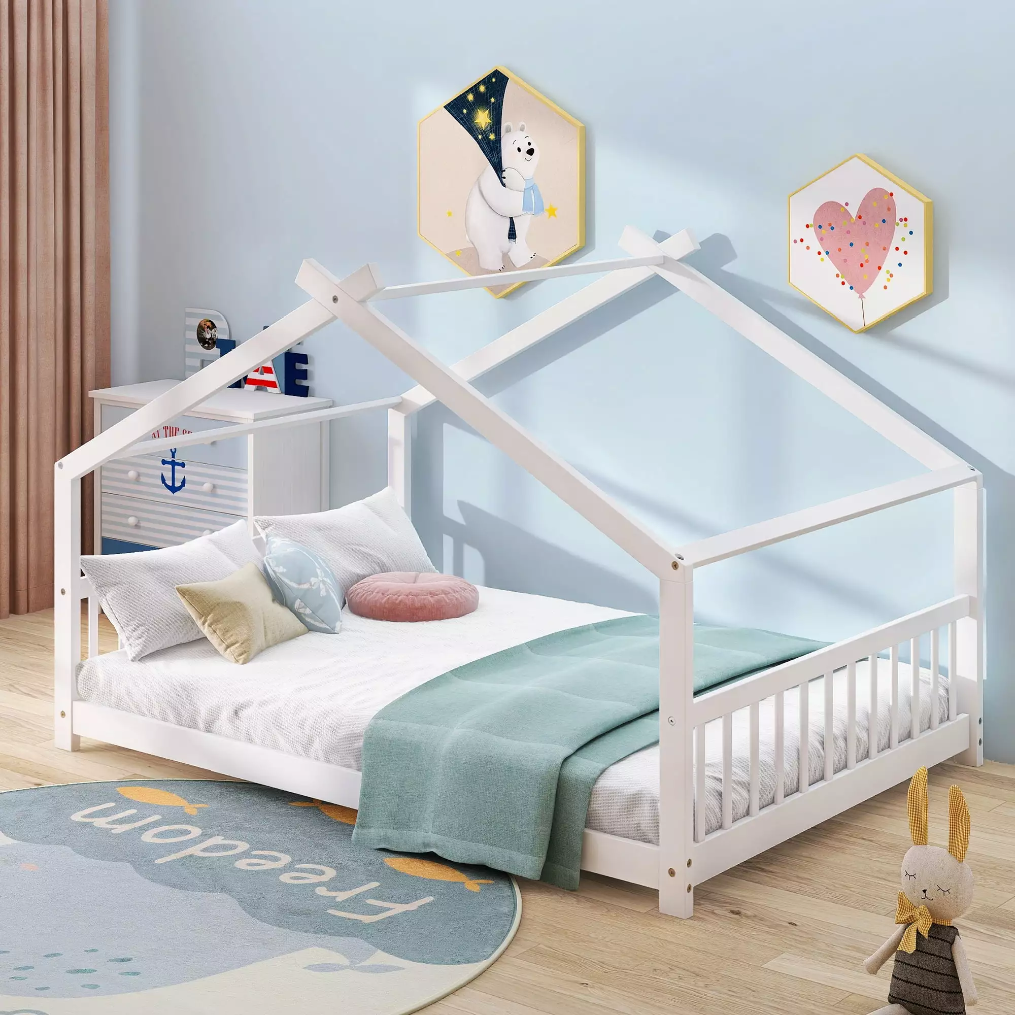 Houtilize Bed Kids BTMWAY Full Size Wood Houtilize Bed Frame Roof Toddler Platform Bed White