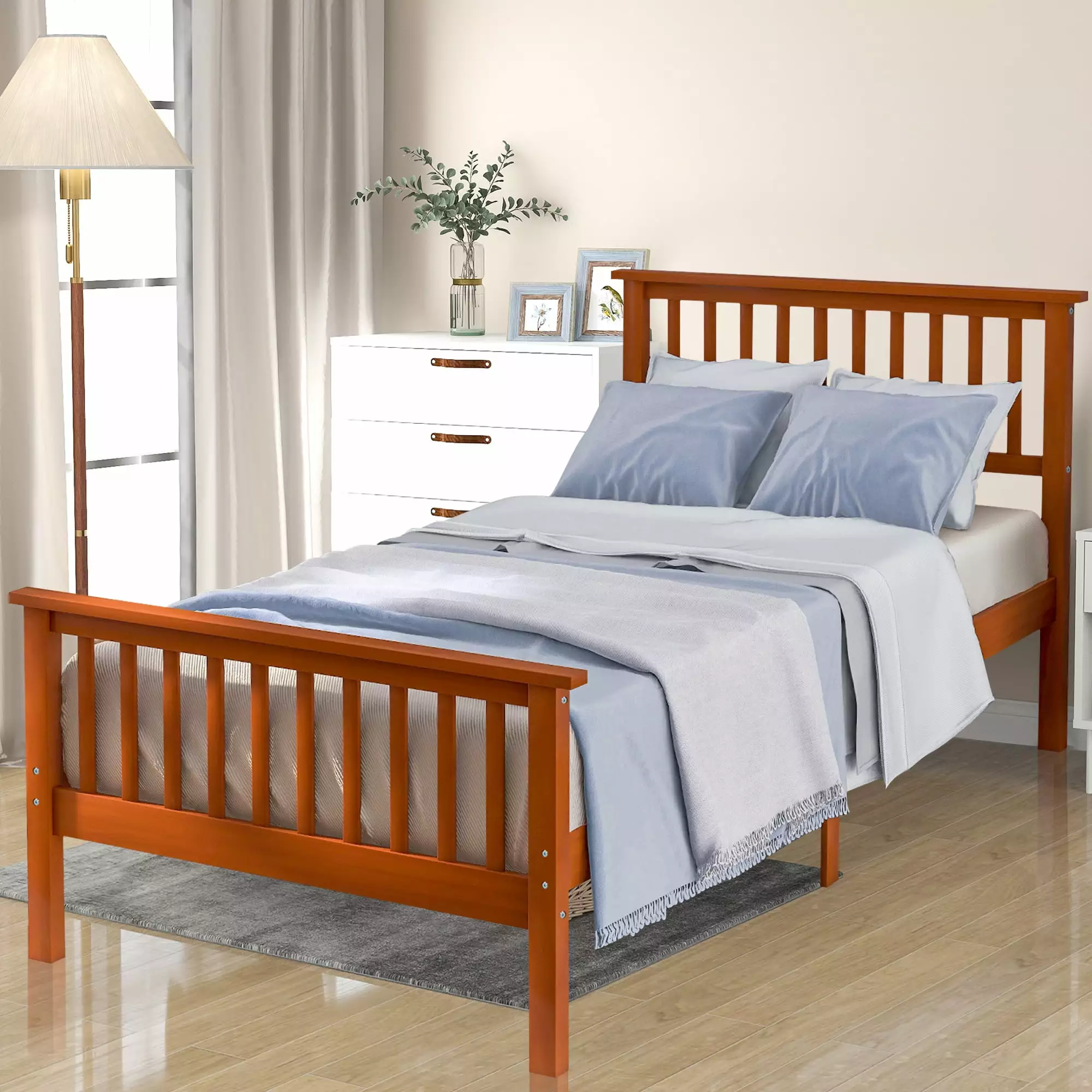 Twin Size Wood Bed Frame Headboard and Footboard Heavy Duty Oak Platform Bed No Box Spring Needed BTMWAY