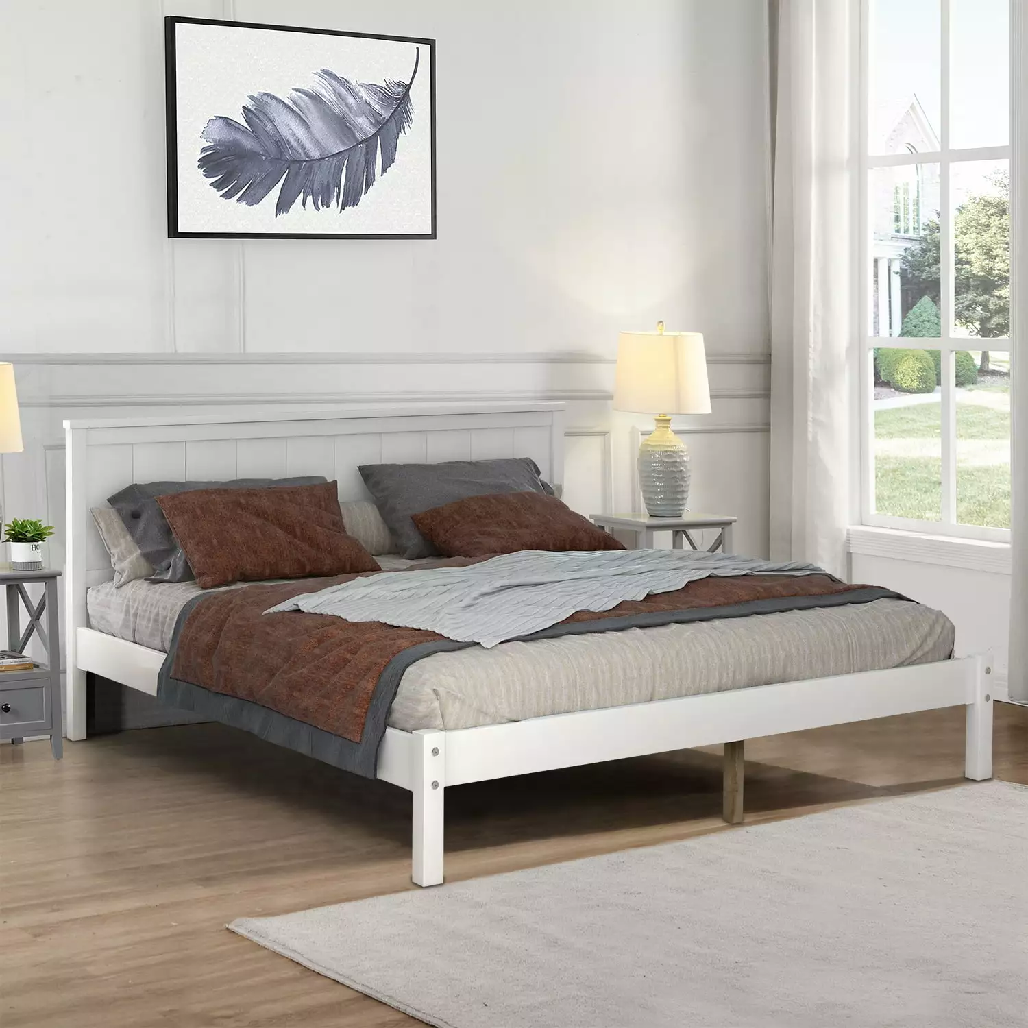 White Full Size Wood Platform Bed Frame Headboard Kids Teens Adults BTMWAY