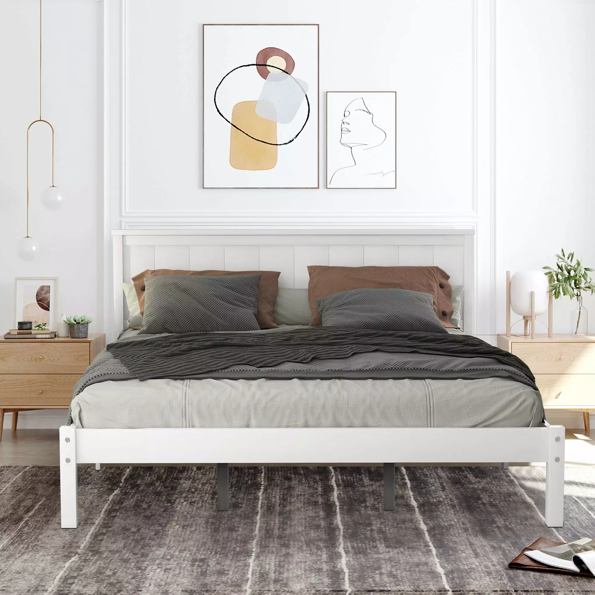 White Queen Size Heavy Duty Wood Platform Bed Frame Headboard Strong Slat Support Holds 500lbs No Box Spring Needed BTMWAY