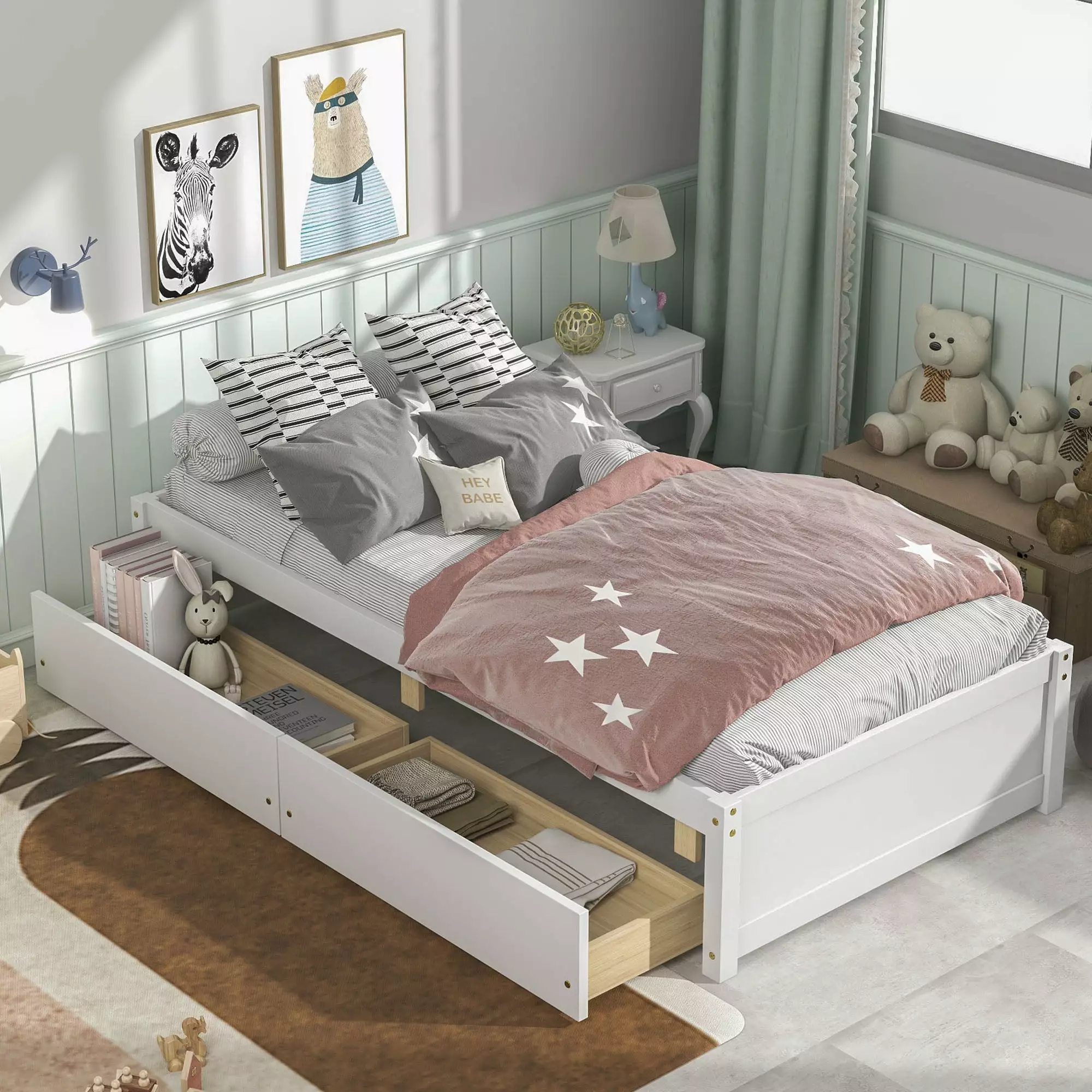 White Twin Platform Bed Storage 2 Drawers Strong Slat Support No Box Spring Needed BTMWAY