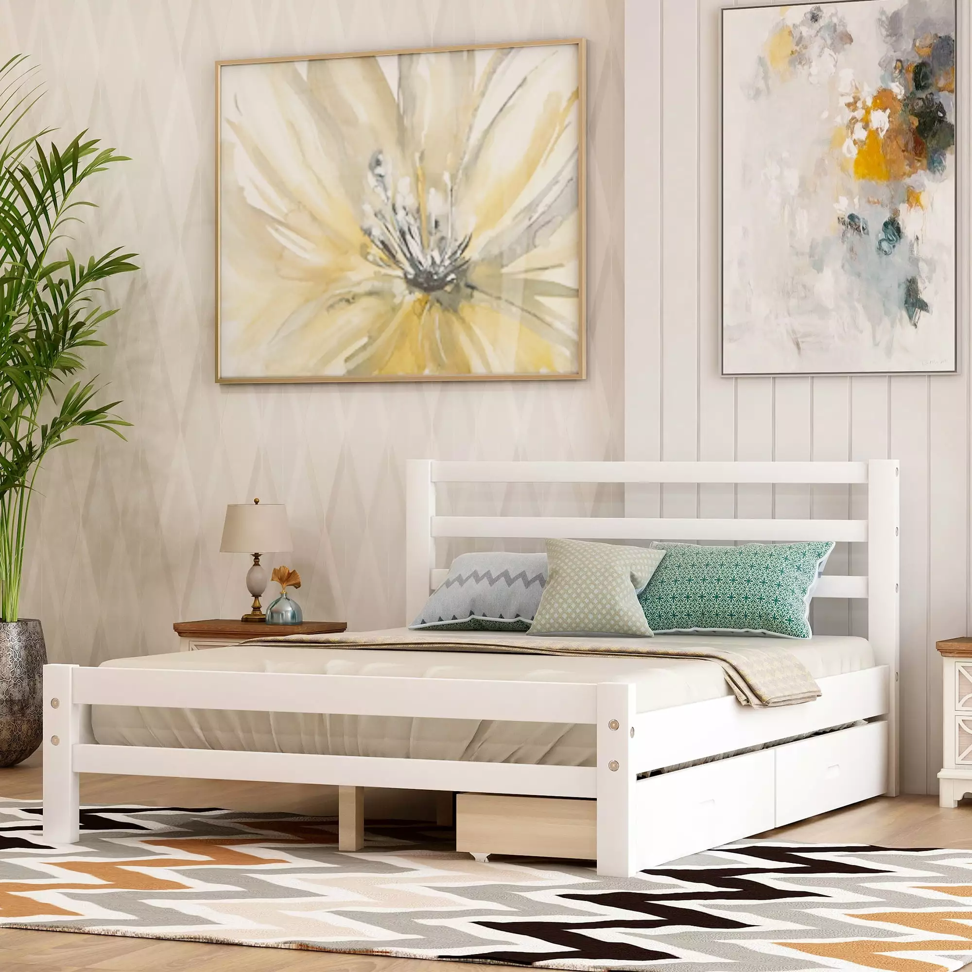 White Wood Full Platform Bed Frame Storage Headboard and Footboard No Box Spring Needed BTMWAY