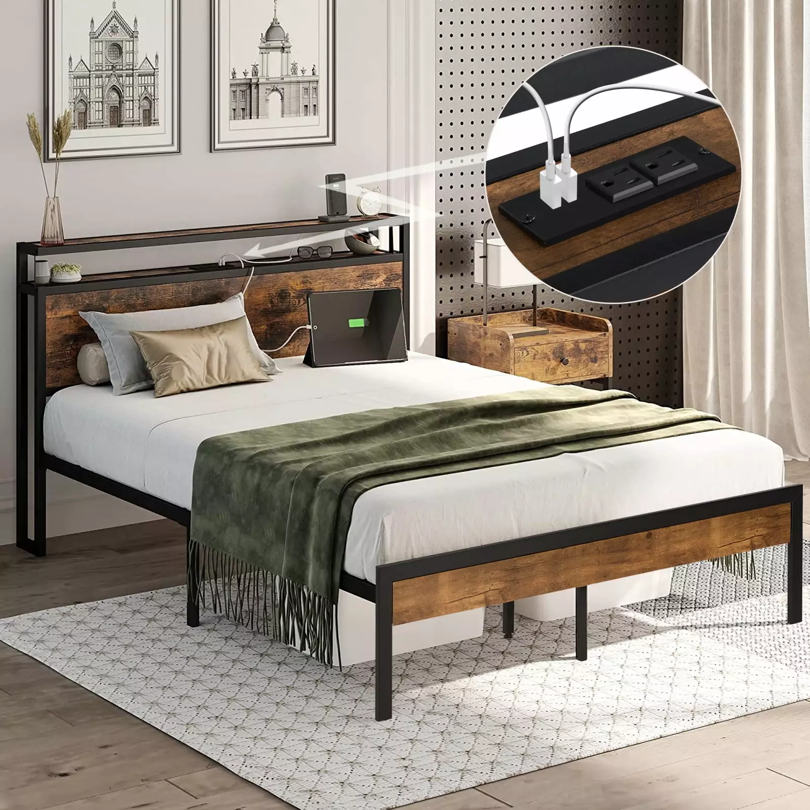 CASEMIOL Queen Bed Frame Storage Headboard and USB Charging Station - No Noise Easy Assembly Brown Platform Bed
