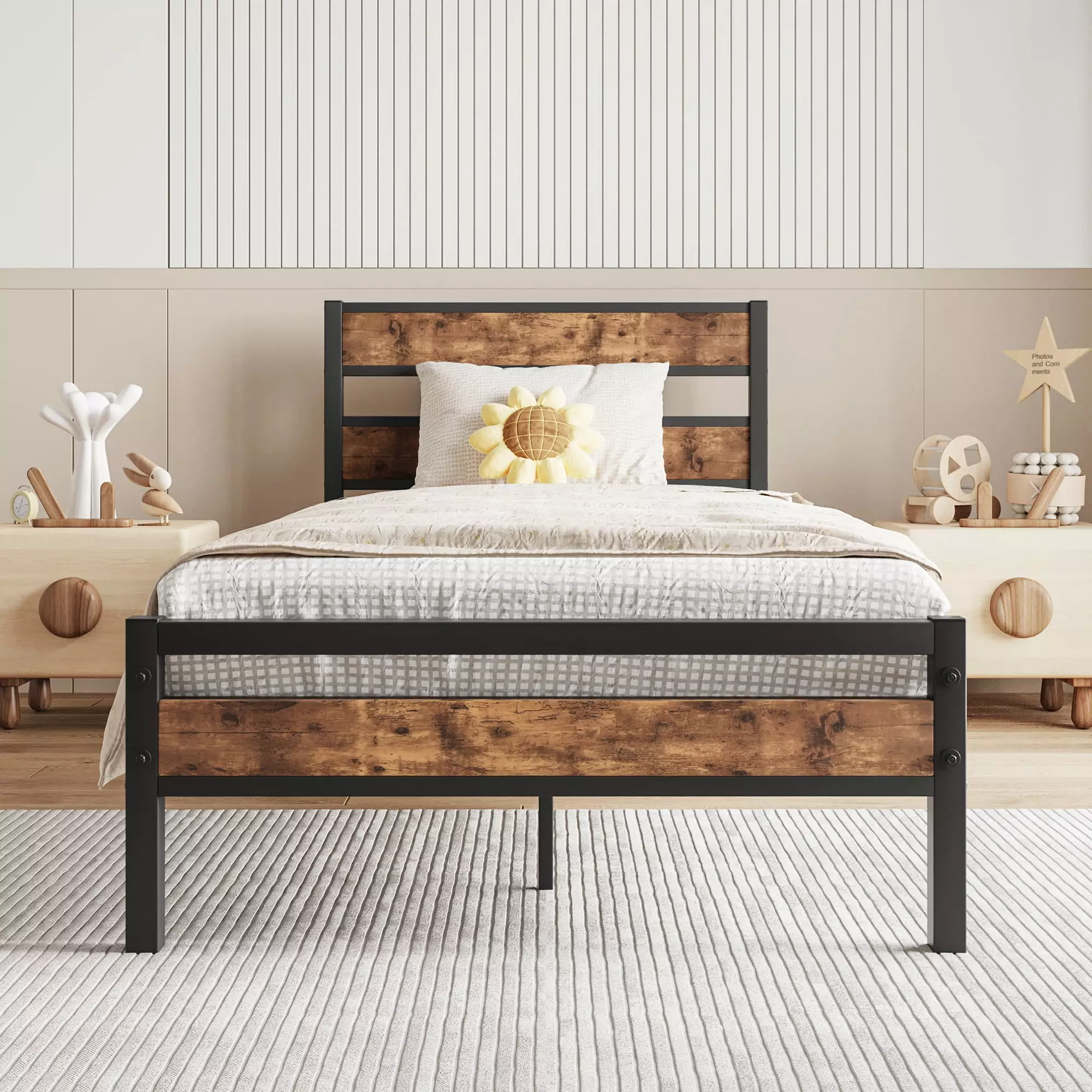 Twin Platform Bed Frame Headboard and Footboard Metal Platform Bed Underbed Storage No Box Spring Needed Brown CASEMIOL