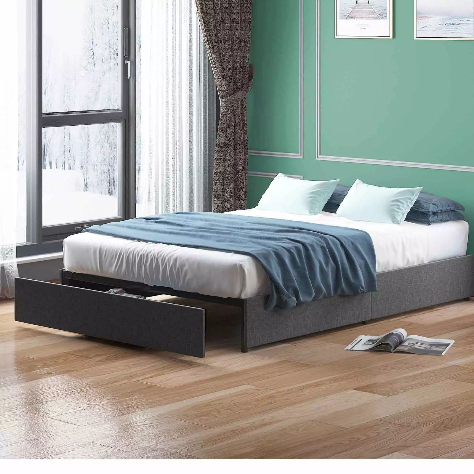 CECER Full Size Platform Bed Storage Drawers Linen Upholstered Wood Slat Support