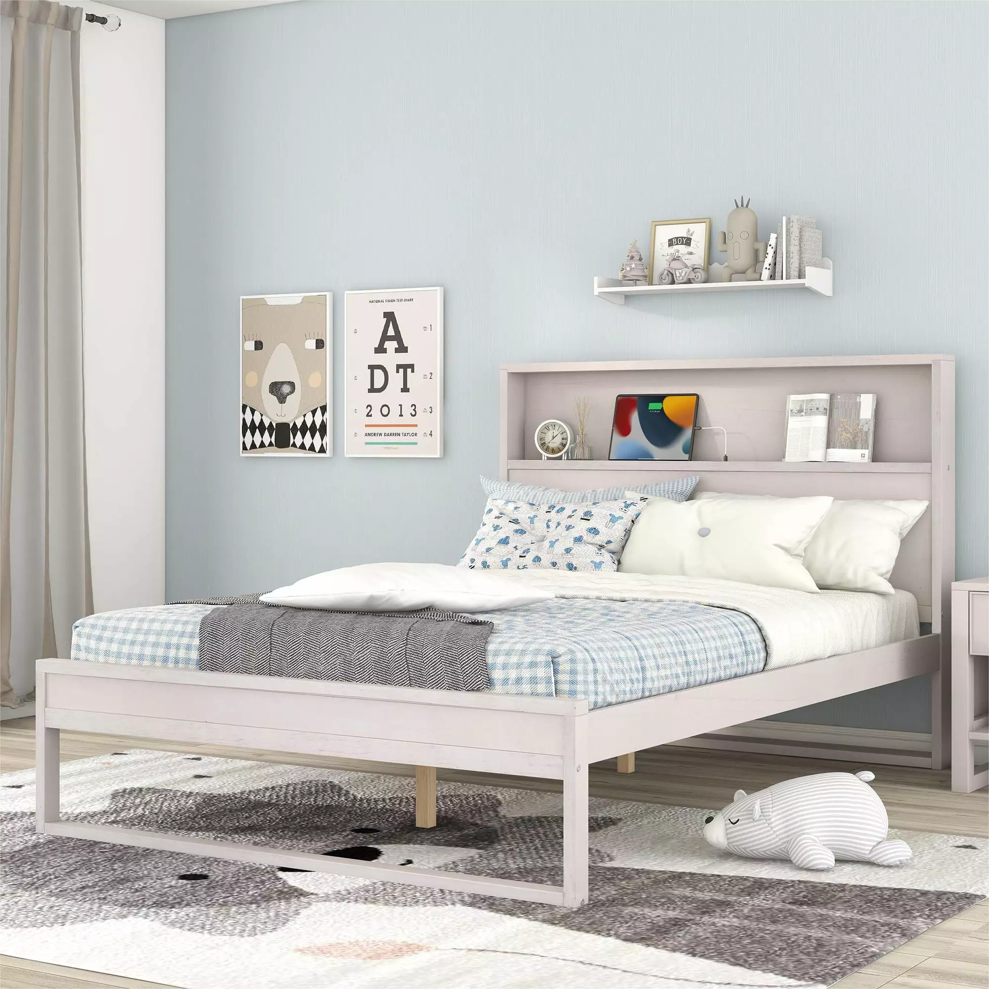 CHURANTY Full Size Platform Bed Storage Headboard USB Charging Ports Antique White