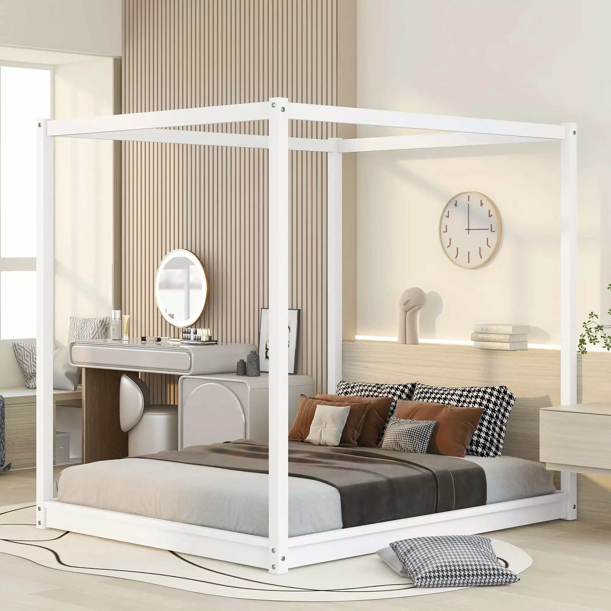Churanty White Wood Queen Size Canopy Platform Bed Frame Support Legs
