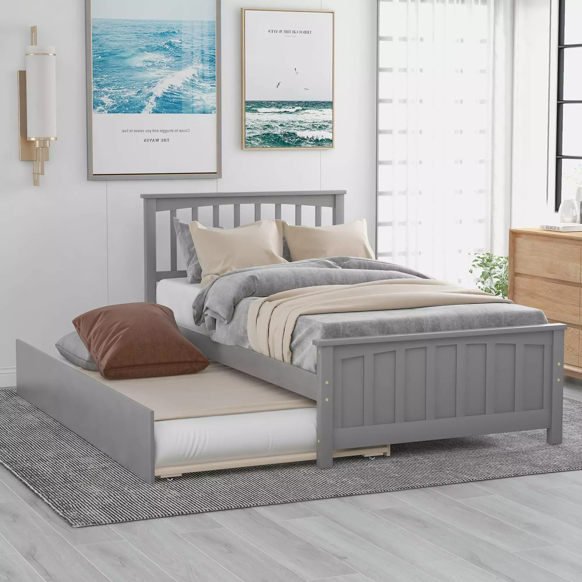 Twin Size Platform Bed Trundle Gray Space Saving Bedroom Solutions Churanty