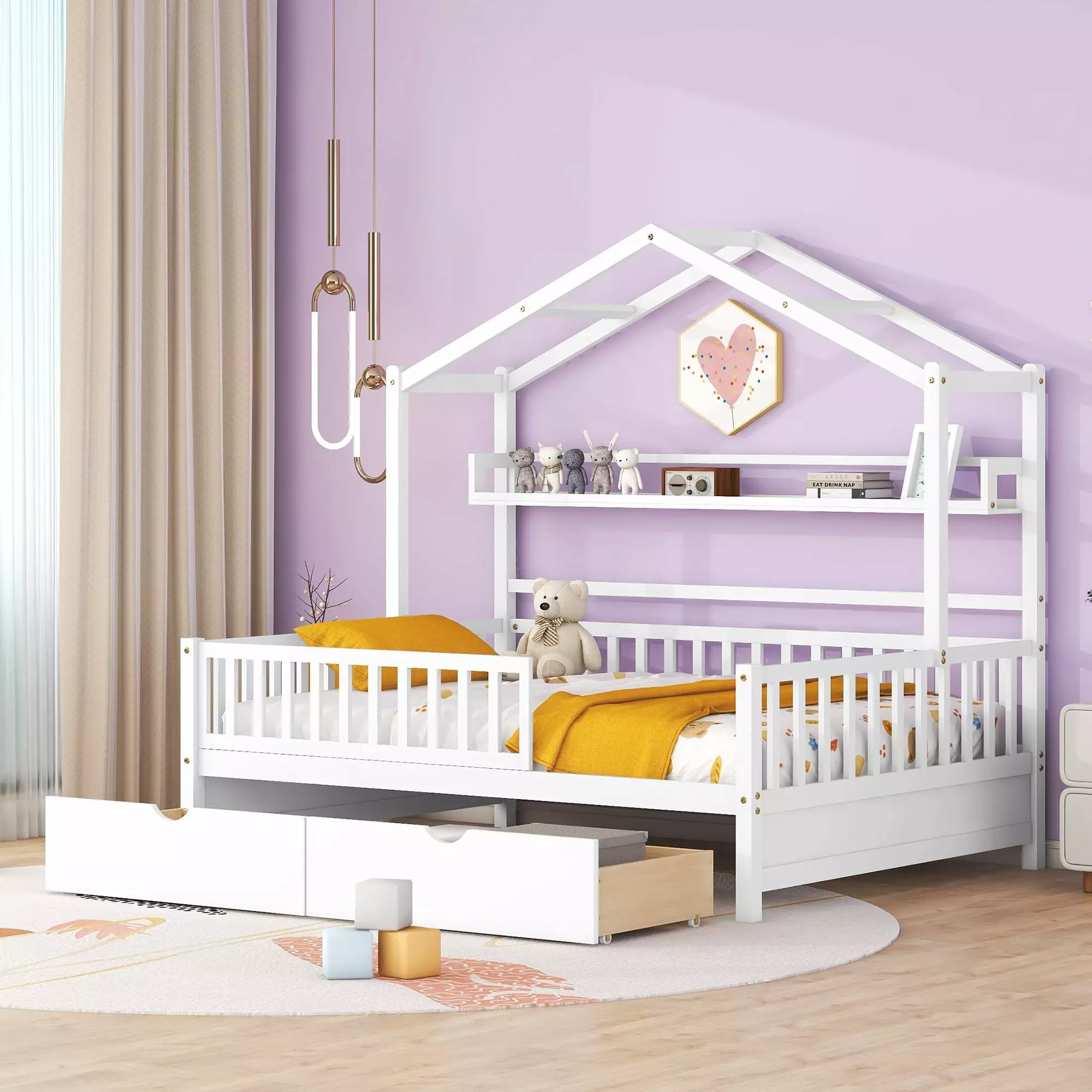 CITYLE Full Size Houtilize Bed Wooden Full Bed 2 Drawers and Storage Shelf Roof Design Bedroom Bedframe Kids Boys Girls White
