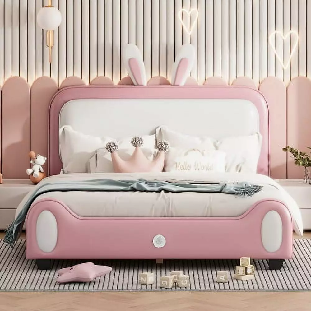 CITYLE Full Size Upholstered Princess Bed Rabbit-Shape Headboard and Footboard Kids Pink
