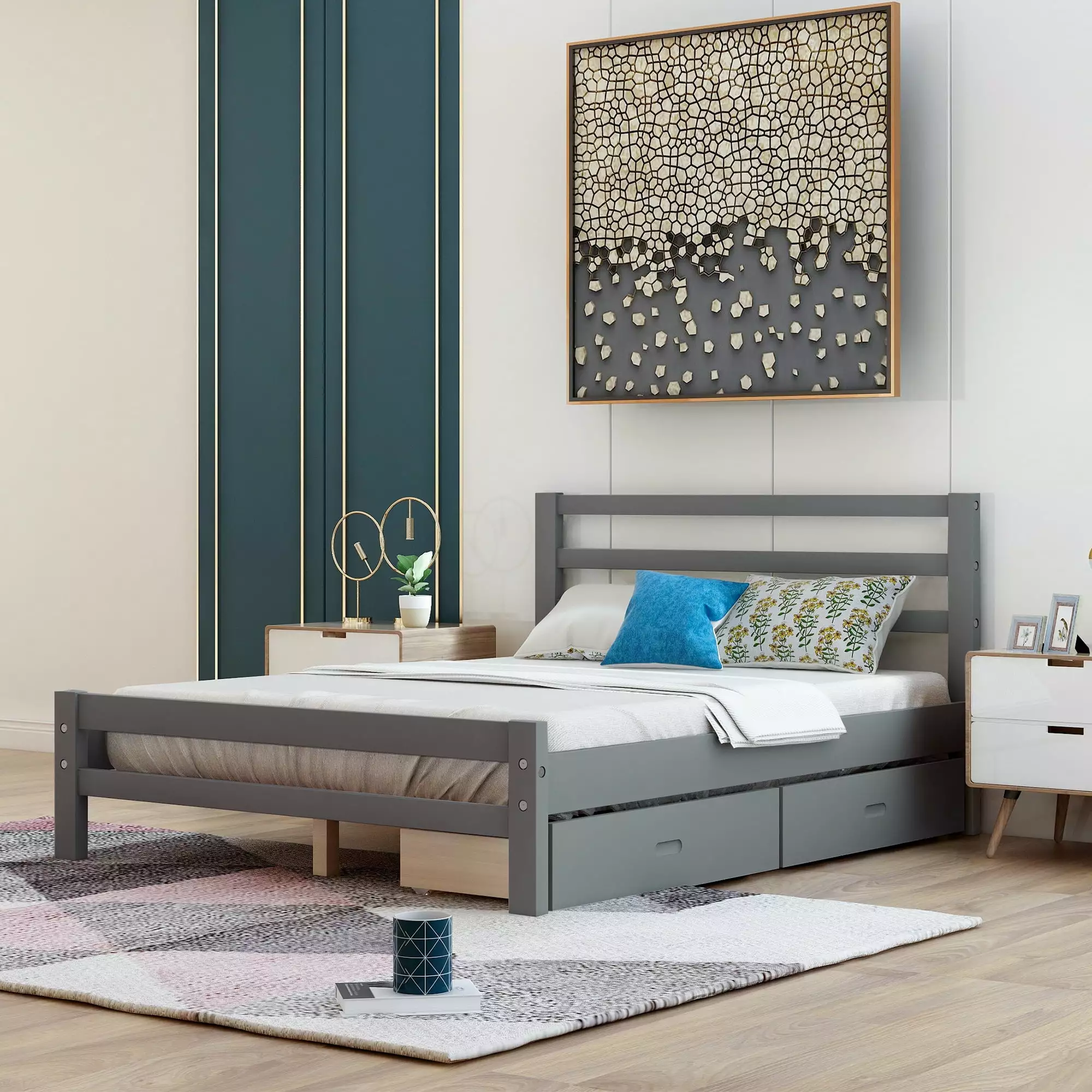 Full Bed Frame Drawers Solid Wood Platform Bed Headboard Gray CITYLE