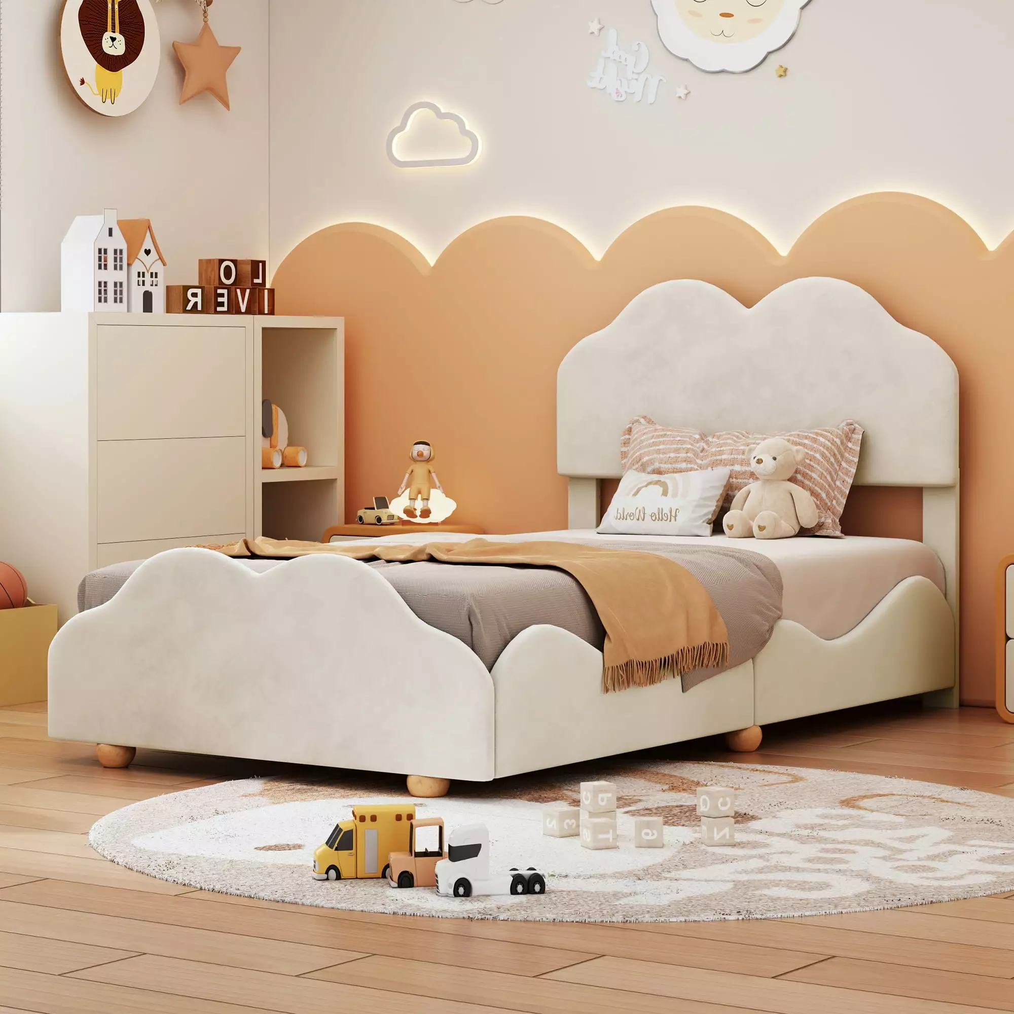 Twin Size Bed Frame Cloud Shaped Headboard Velvet Upholstered Platform Bed Wooden Slats Support No Box Spring Needed Beige...