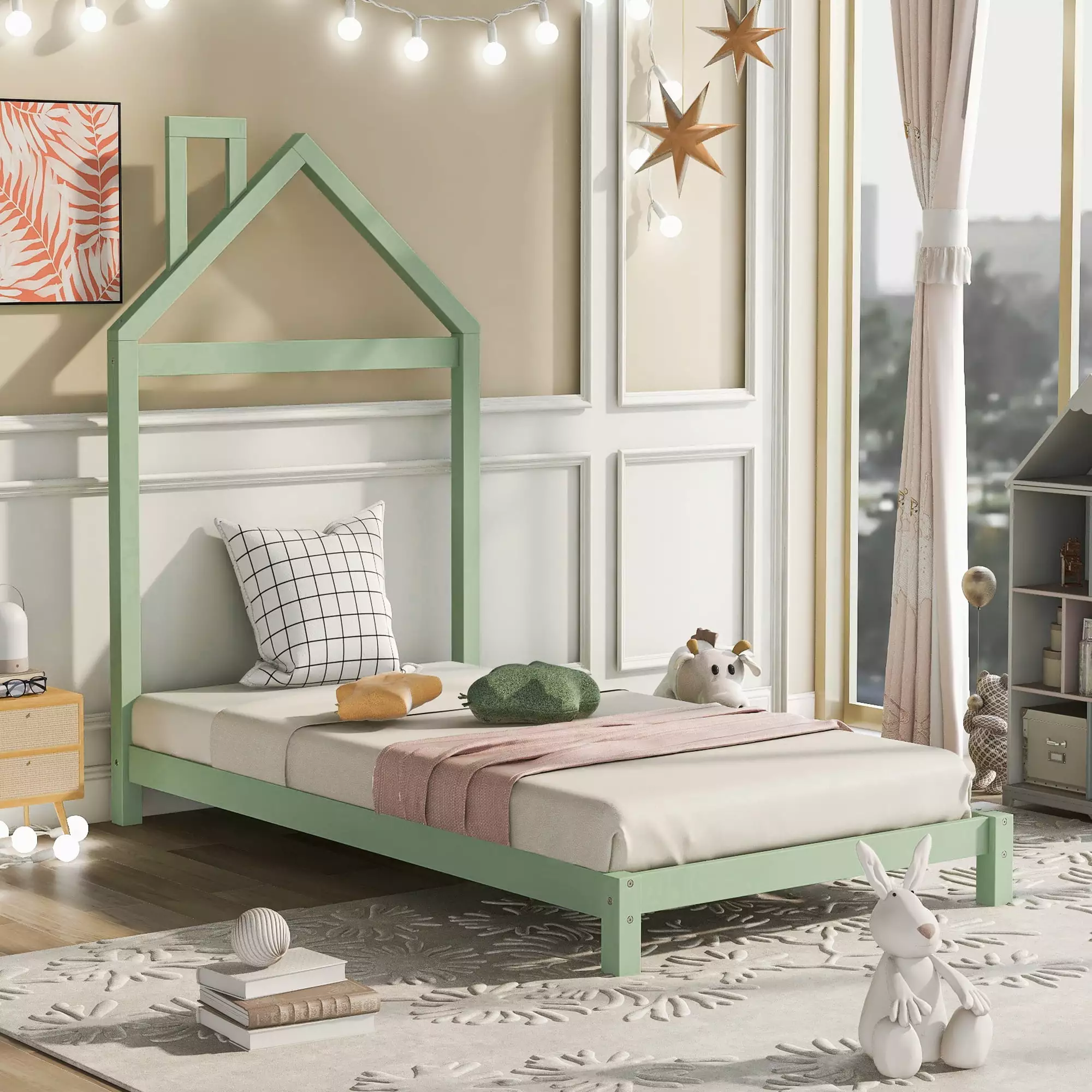 Twin Size Wood Platform Bed Houtilize-Shaped Headboard, No Box Spring Required Green Clipeyh