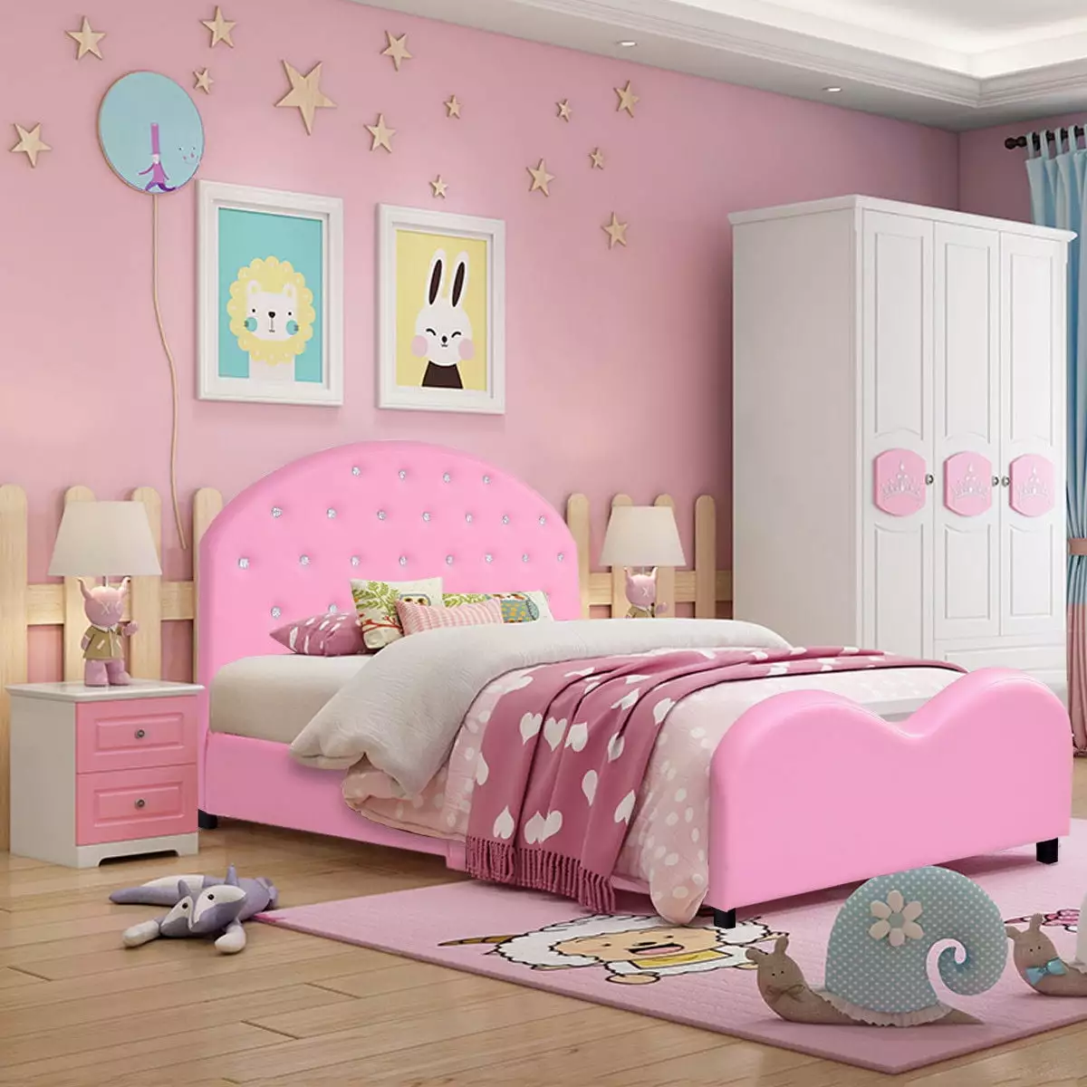 Costway Kids PU Upholstered Platform Princess Bed - Pink Wooden Bedroom Furniture