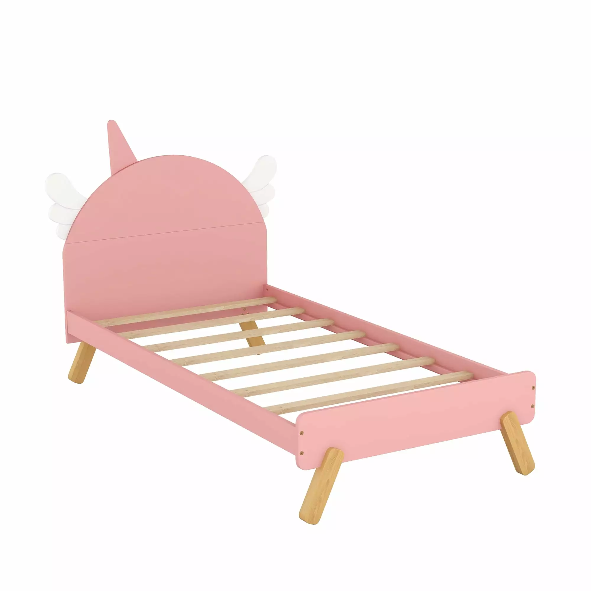 Wooden Cute Twin Size Platform Bed Unicorn Shape Headboard - Pink Kids Bed COSYMART