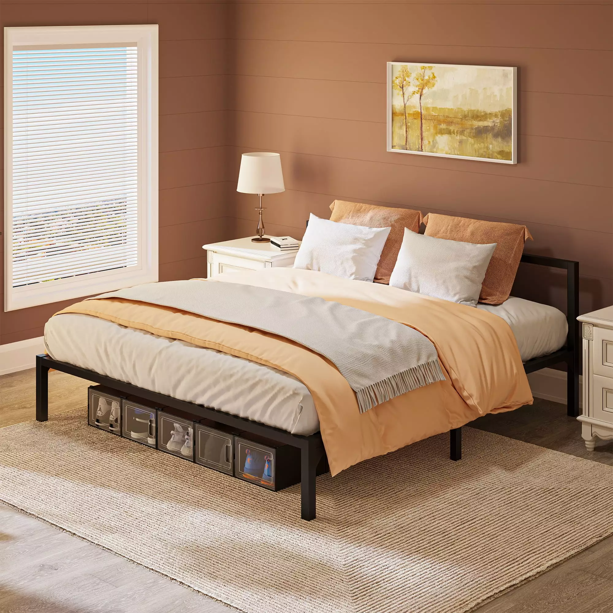 Dextrus King Size Bed Frame Headboard 14 Inch Platform No Box Spring Needed