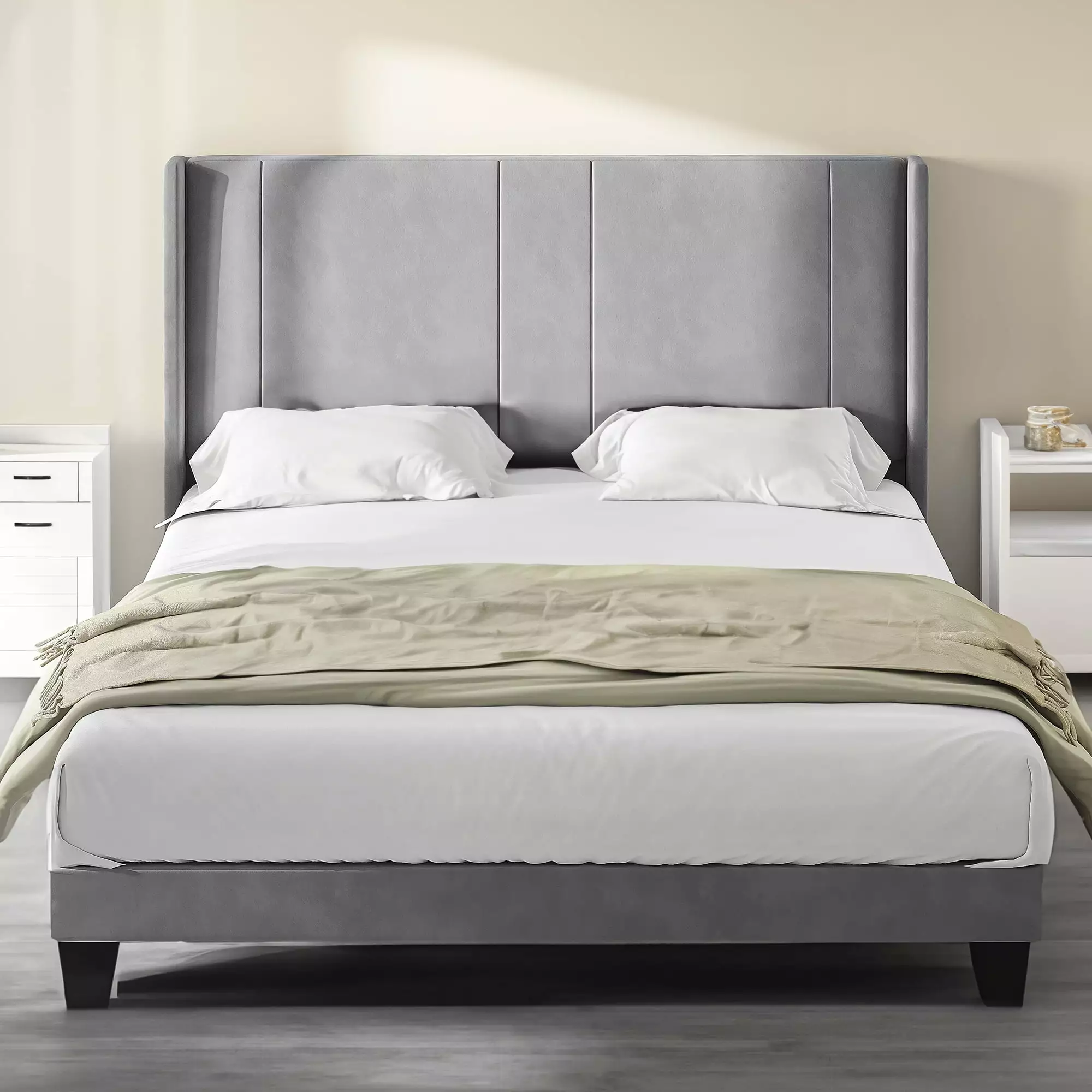 Dextrus Queen Upholstered Wingback Platform Bed Gray Velvet Headboard - No Box Spring Needed