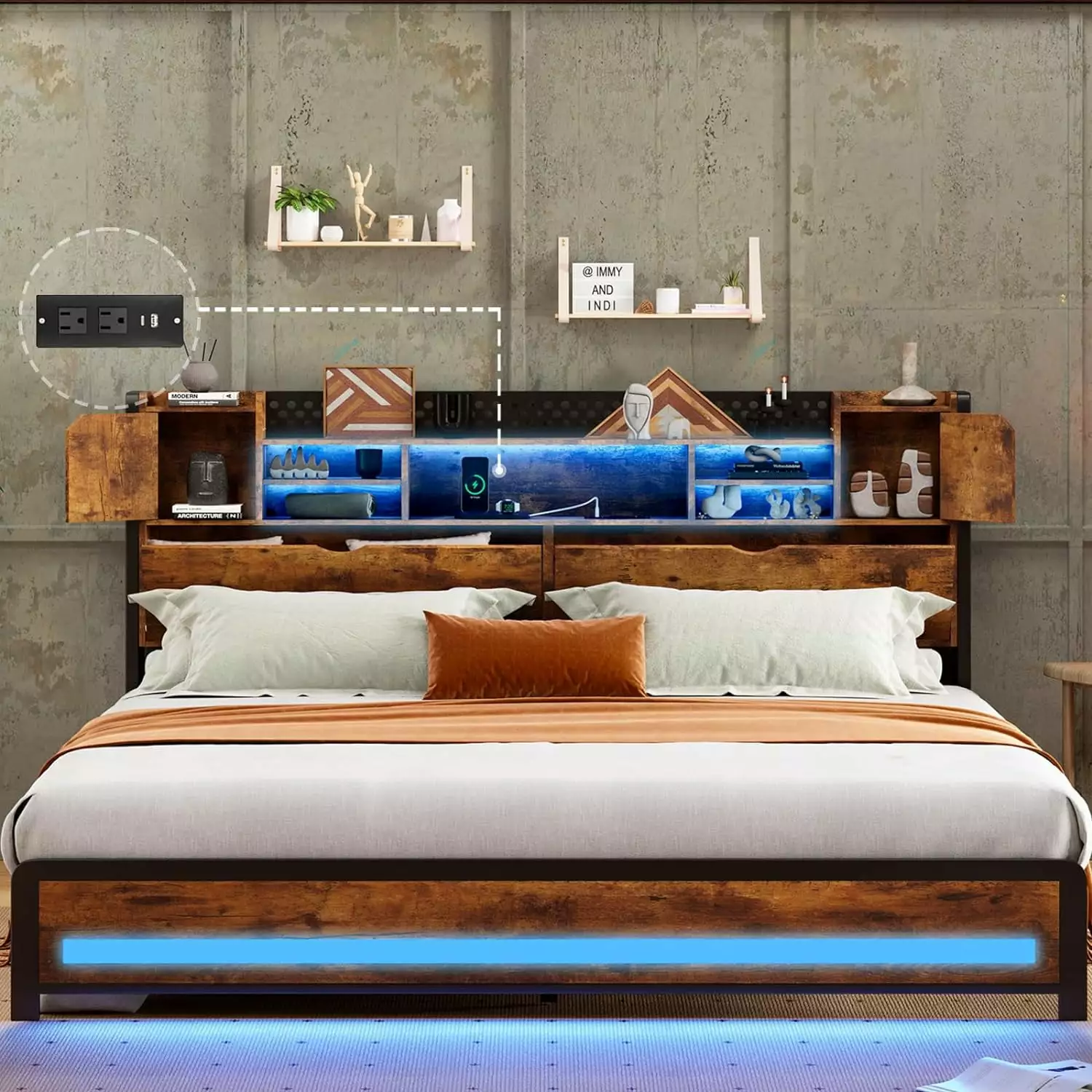 King Size Bed Frame Charging Station Adjustable LED Light Steel Slatted Platform Bed Dnxao