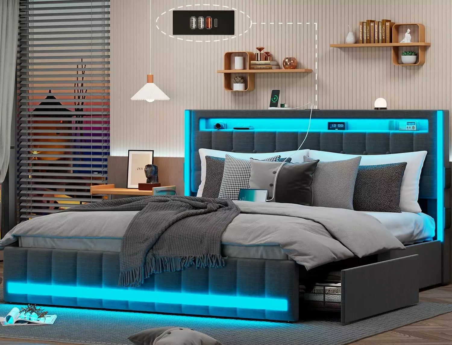 Queen Size Bed Frame 4 Storage Drawers RGB LED Light and Charging Station Dnxao