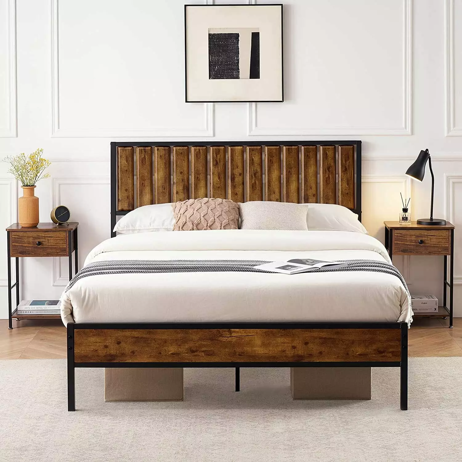 EastVita Queen Bed Frame Wood Headboard Platform Metal Bed Frame Queen 14 Heavy Duty Steel Slats More Sturdy Noise-Free No...