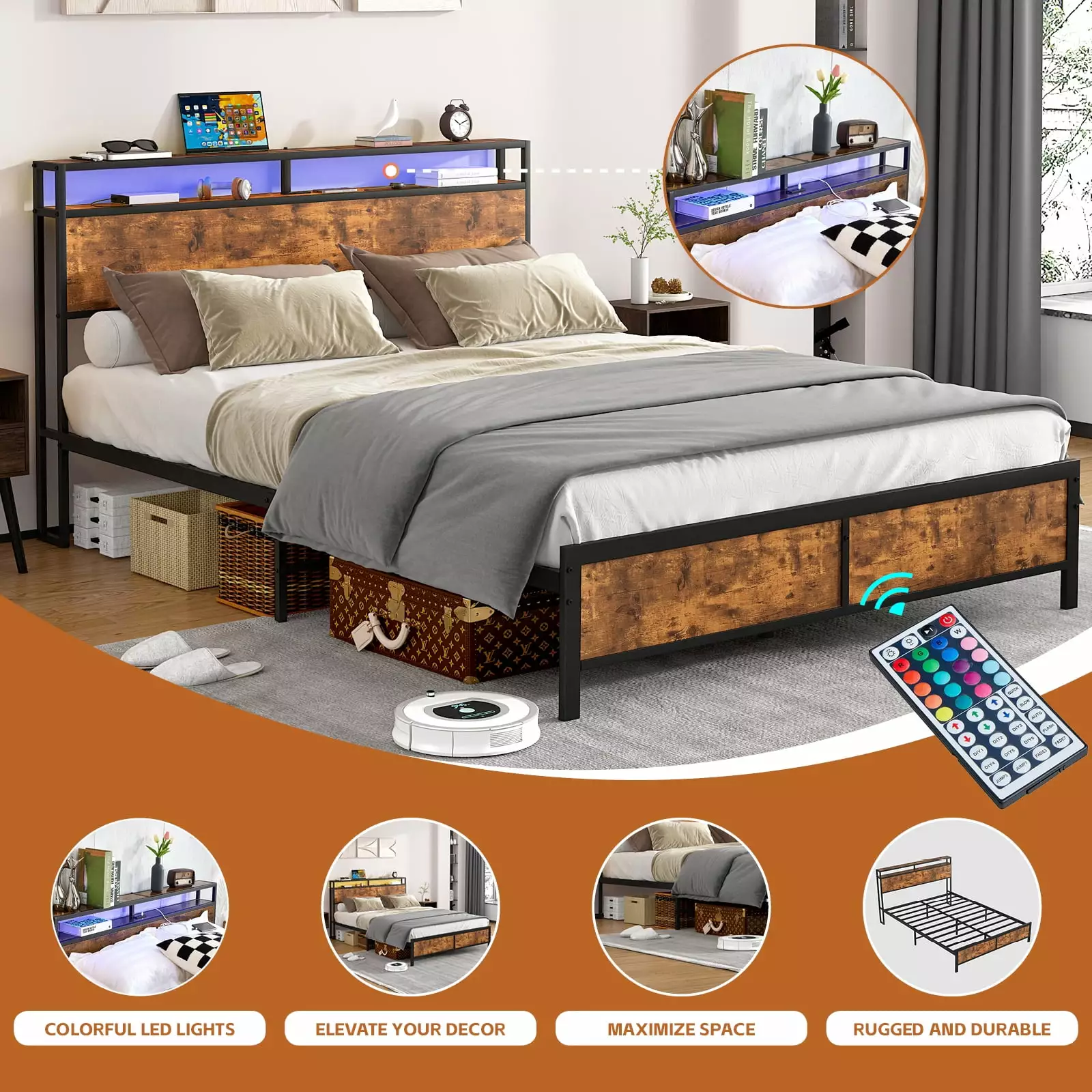 LED Bed Frame Queen Size 2 USB Ports and Outlets - Platform Metal Bed Frame Headboard Rustic Brown Eotvia