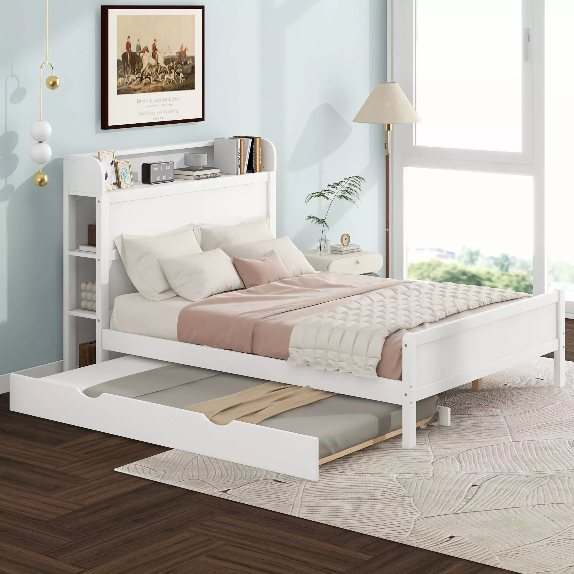 Euroco Full Size Wood Platform Bed Trundle and Storage Headboard White - Space-Saving Design