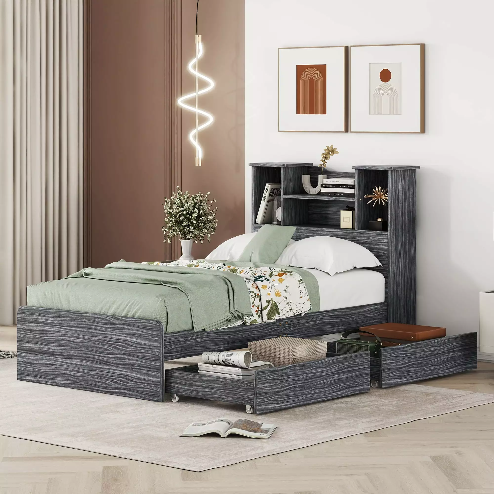 Euroco Gray Wood Twin Size Platform Bed 2 Drawers and LED Light Headboard Kids