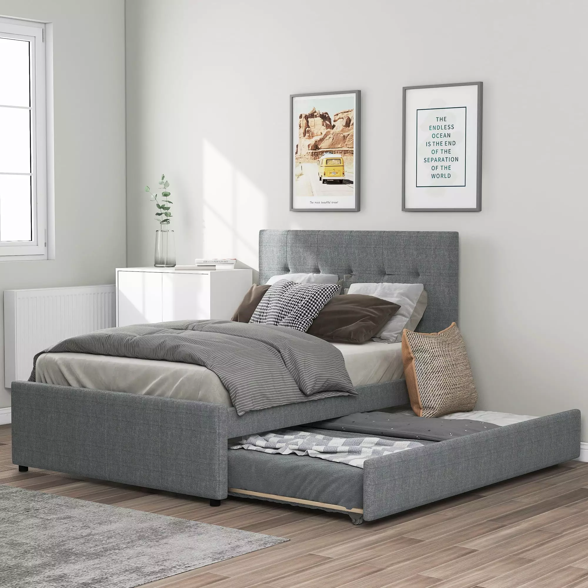 Euroco Line Full Size Upholstered Platform Bed Trundle Kids Gray
